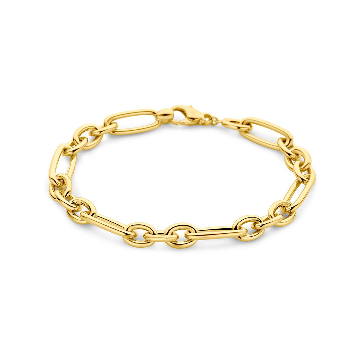14k Geelgouden armband met een schakelbreedte van 7.5mm. De armband heeft een draaglengte van 19cm. Uitgevoerd met een karabijn sluiting.