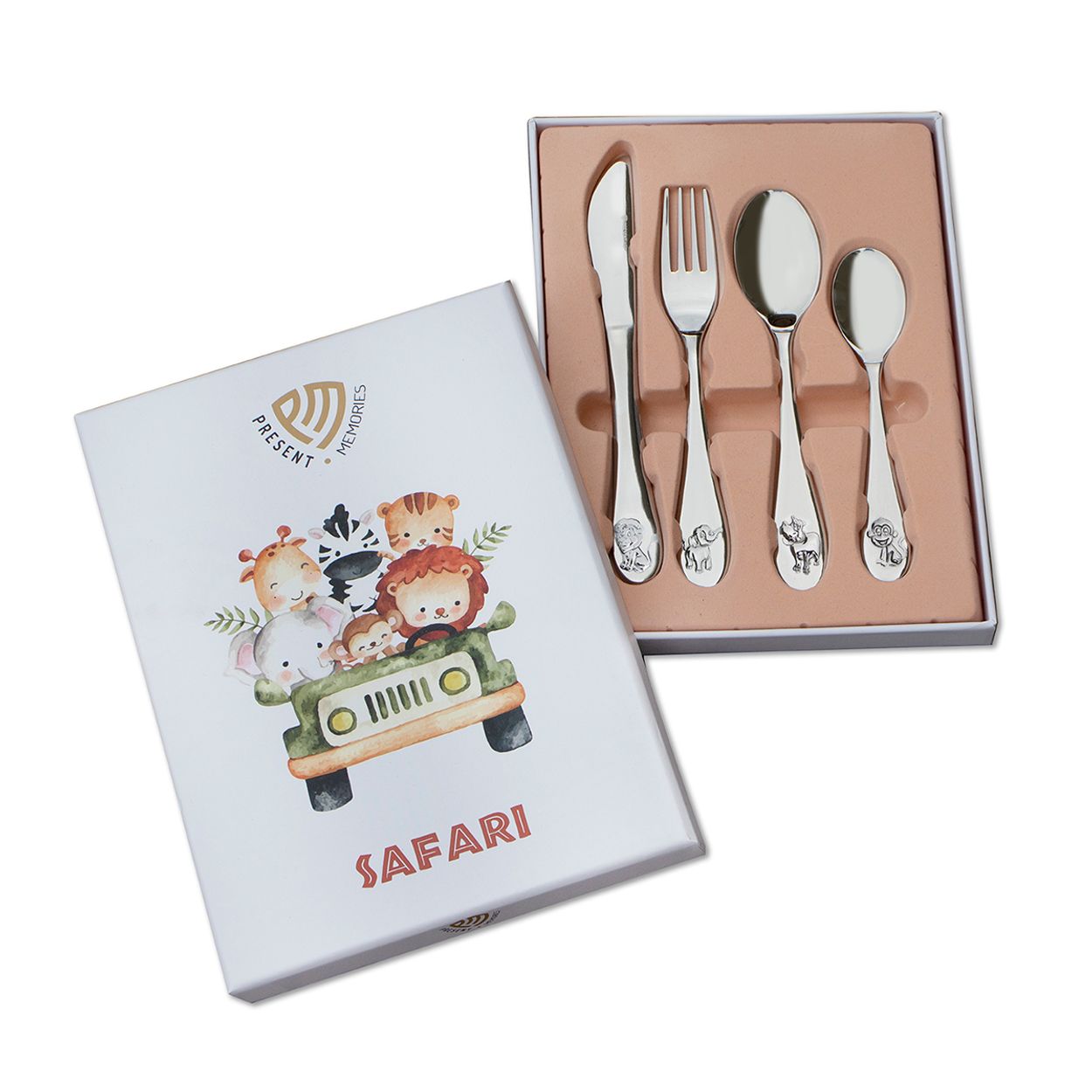 18/10 Stalen kinderbestek in een 4-delige set met superleuk safari thema. Leuk om aan de voor- en/of achterzijde te graveren. De set bestaat uit: een mes van 190x18mm, een vork van 172x22mm, een lepel van 170x34mm en een dessertlepel van 140x28mm.
