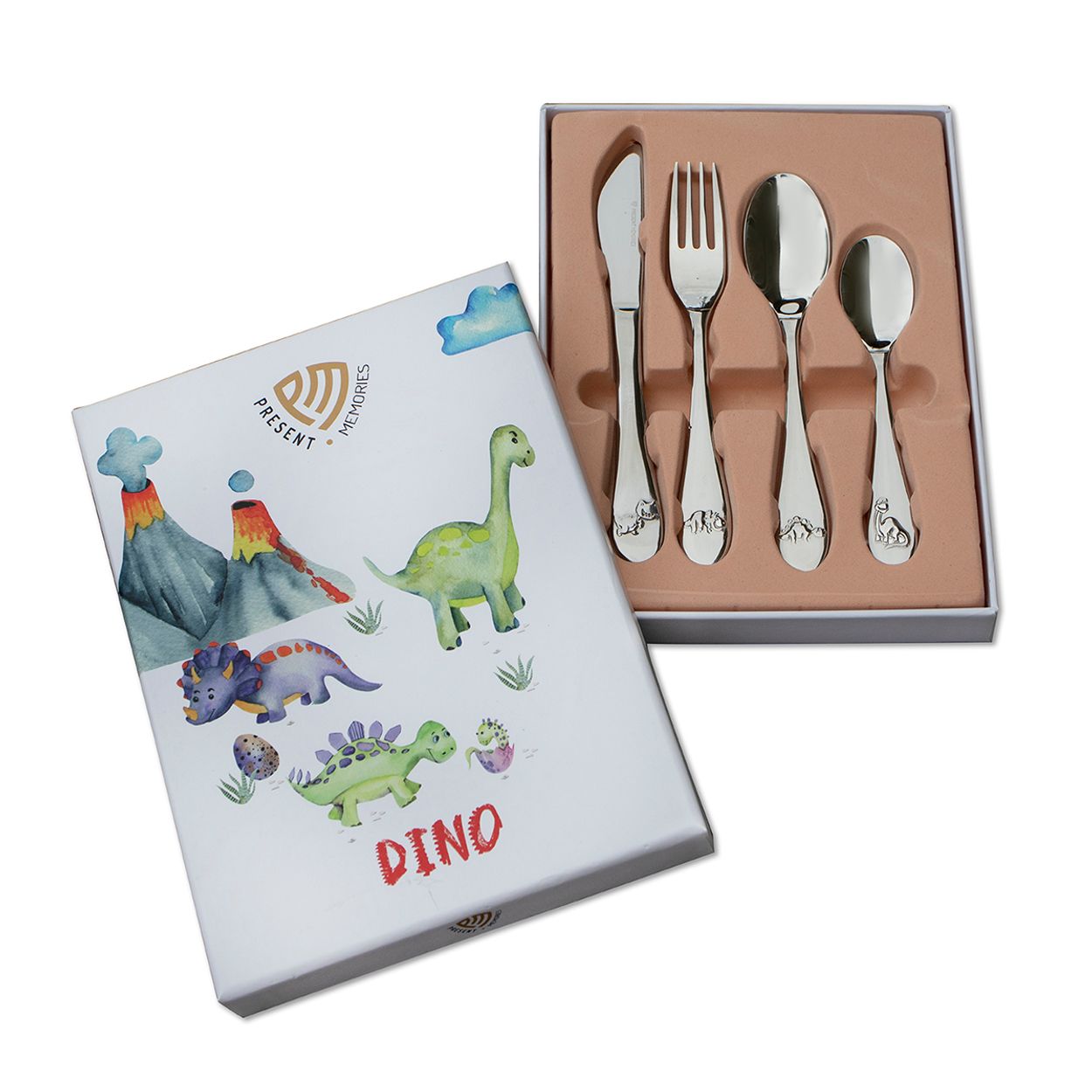 18/10 Stalen kinderbestek in een 4-delige set met superleuk dino thema. Leuk om aan de voor- en/of achterzijde te graveren. De set bestaat uit: een mes van 190x18mm, een vork van 172x22mm, een lepel van 170x34mm en een dessertlepel van 140x28mm. 
