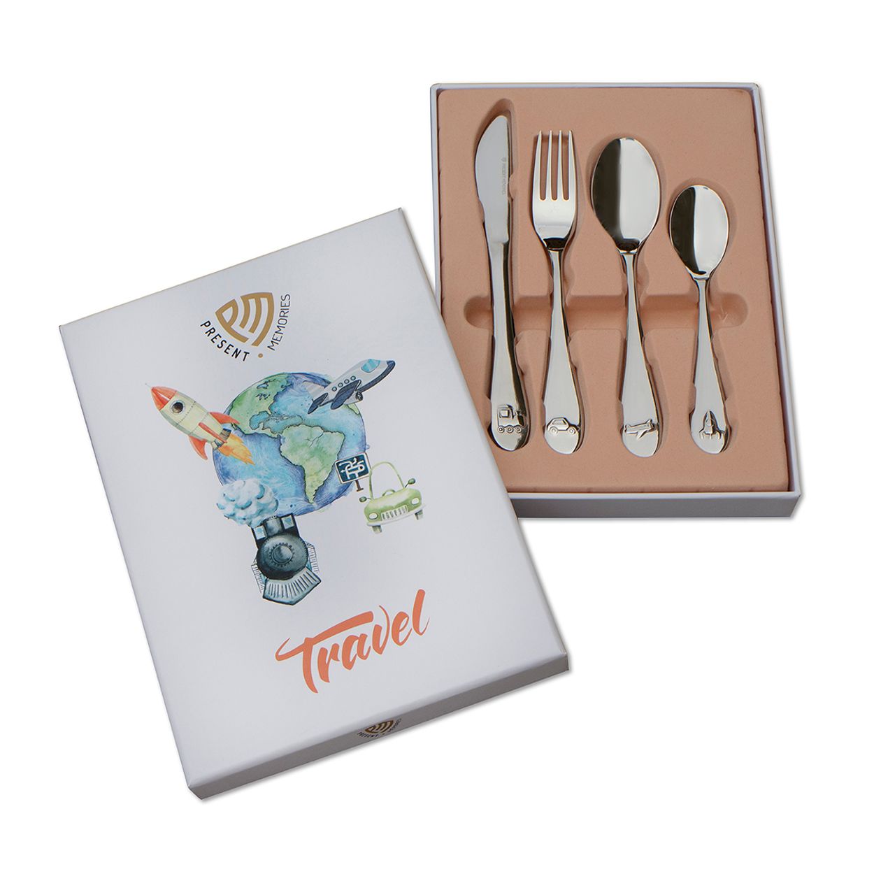 Stalen kinderbestek in een 4-delige set. De set bestaat uit: een mes van 190x18mm, een vork van 172x22mm, een lepel van 170x34mm en een dessertlepel van 140x28mm.