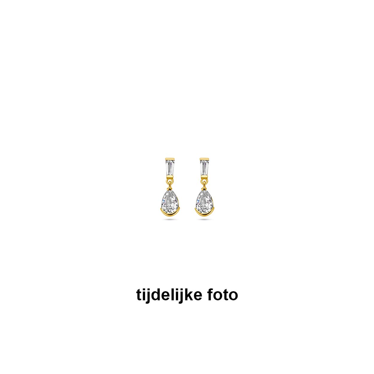 14k Geelgouden oorhangers uitgevoerd met zirkonia. De oorhangers hebben een totale hoogte van 14mm.
