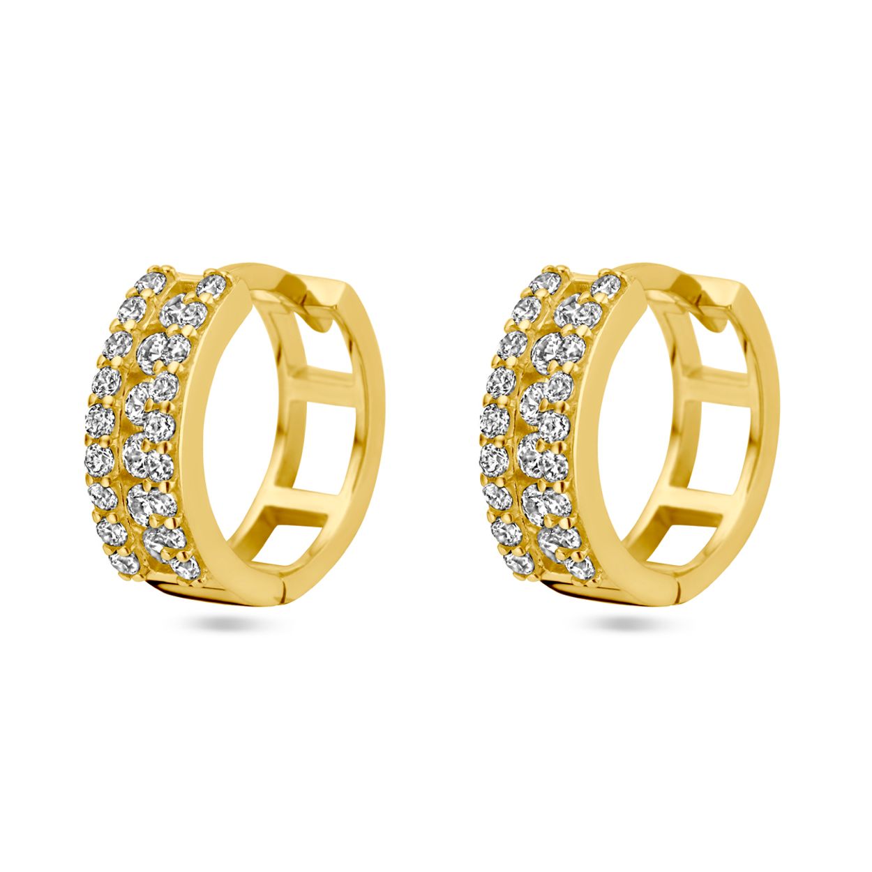 14k Geelgouden klapoorringen uitgevoerd met zirkonia. De oorringen hebben een diameter van 14mm.