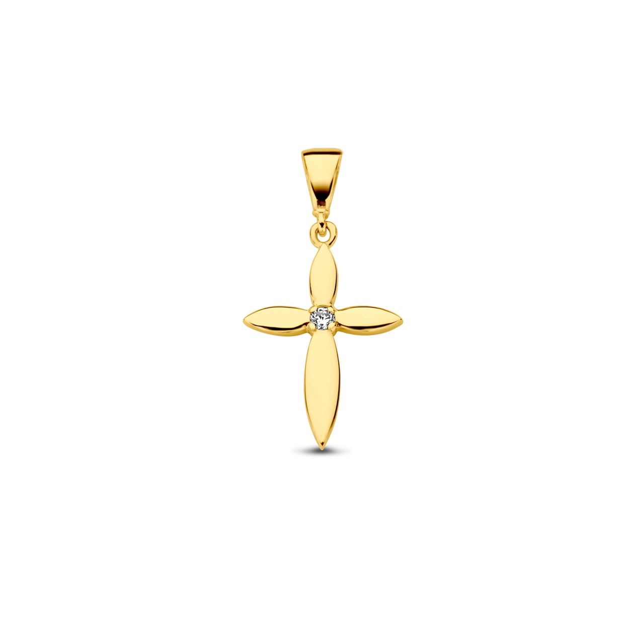14k Geelgouden hanger met kruis en zirkonia. Het kruis heeft een afmeting van 15.5x12mm.
