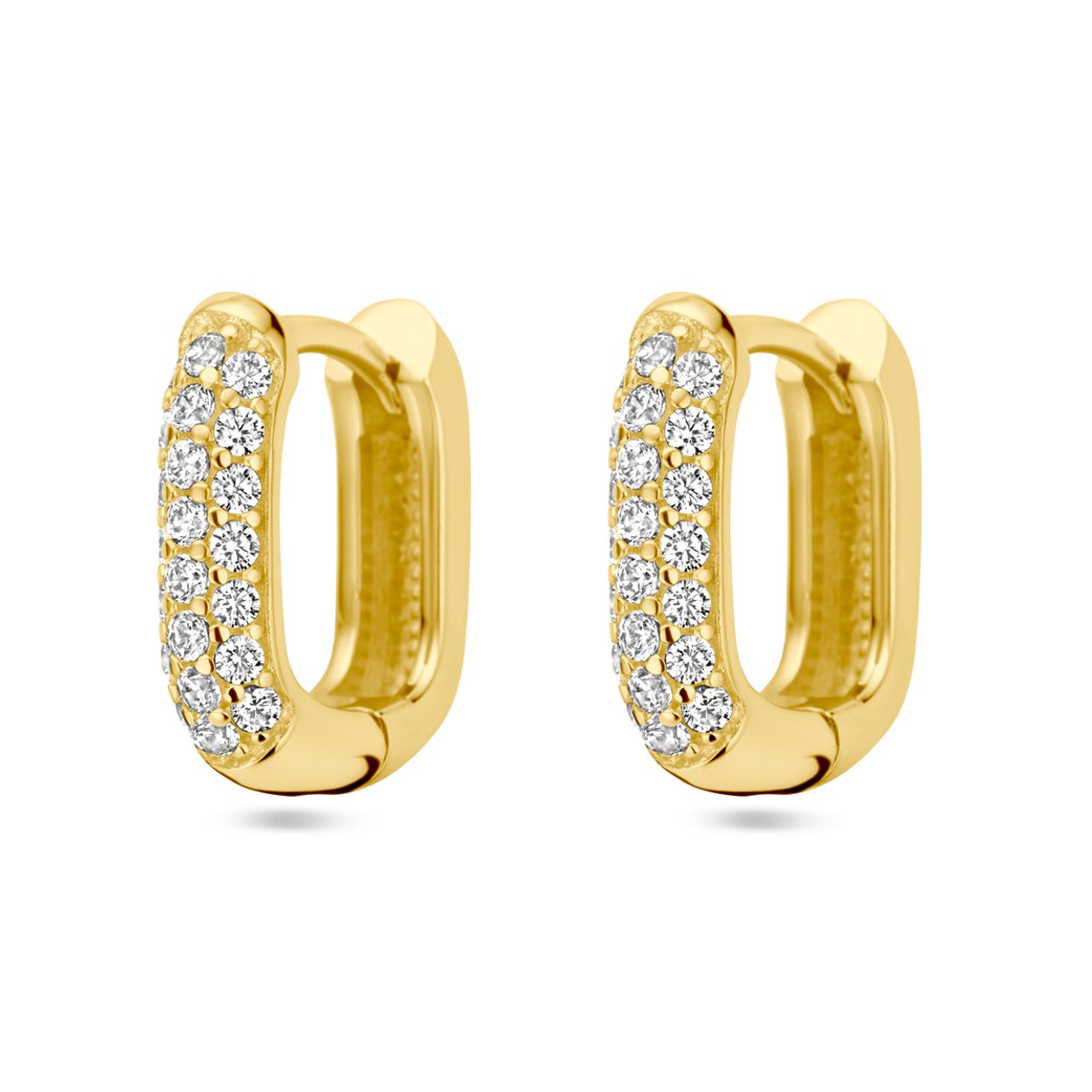 14k Geelgouden klapoorringen uitgevoerd met zirkonia. De klapoorringen hebben een afmeting van 12x3mm.