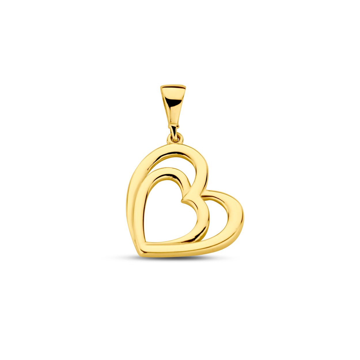 14k Geelgouden hanger uitgevoerd met twee harten. De hanger heeft een totale hoogte van 22mm.