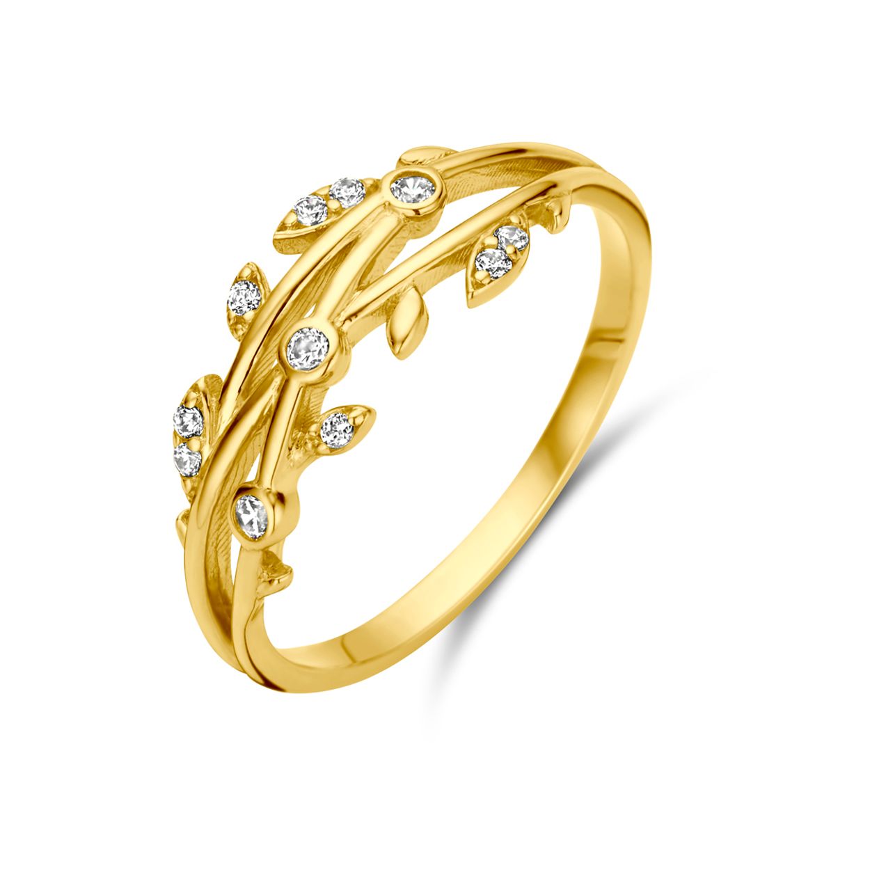 14k Geelgouden ring uitgevoerd met zirkonia. De ring heeft een breedte van 7mm.