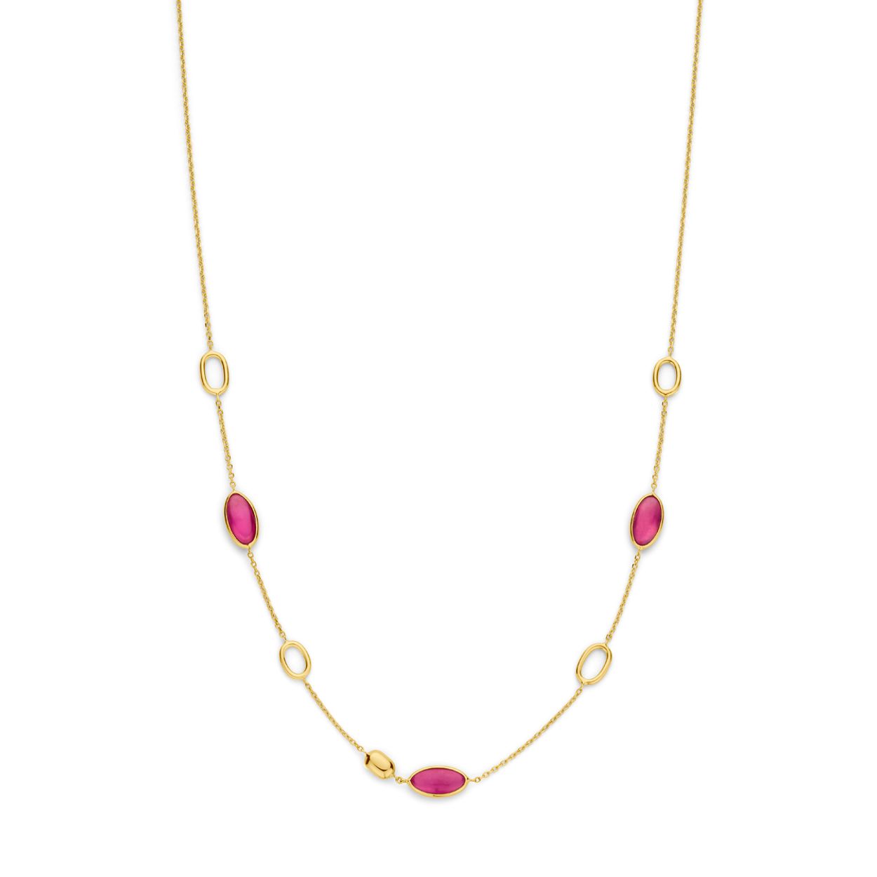 14k Geelgouden collier uitgevoerd met robijn. Het collier heeft een schakelbreedte van 1mm en draaglengtes van 42-45cm. Uitgevoerd met karabijnsluiting.