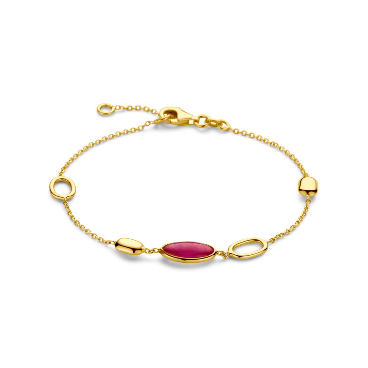 14k Geelgouden armband uitgevoerd met robijn. De armband heeft een schakelbreedte van 1mm en draaglengtes van 17-19cm. Uitgevoerd met karabijnsluiting.
