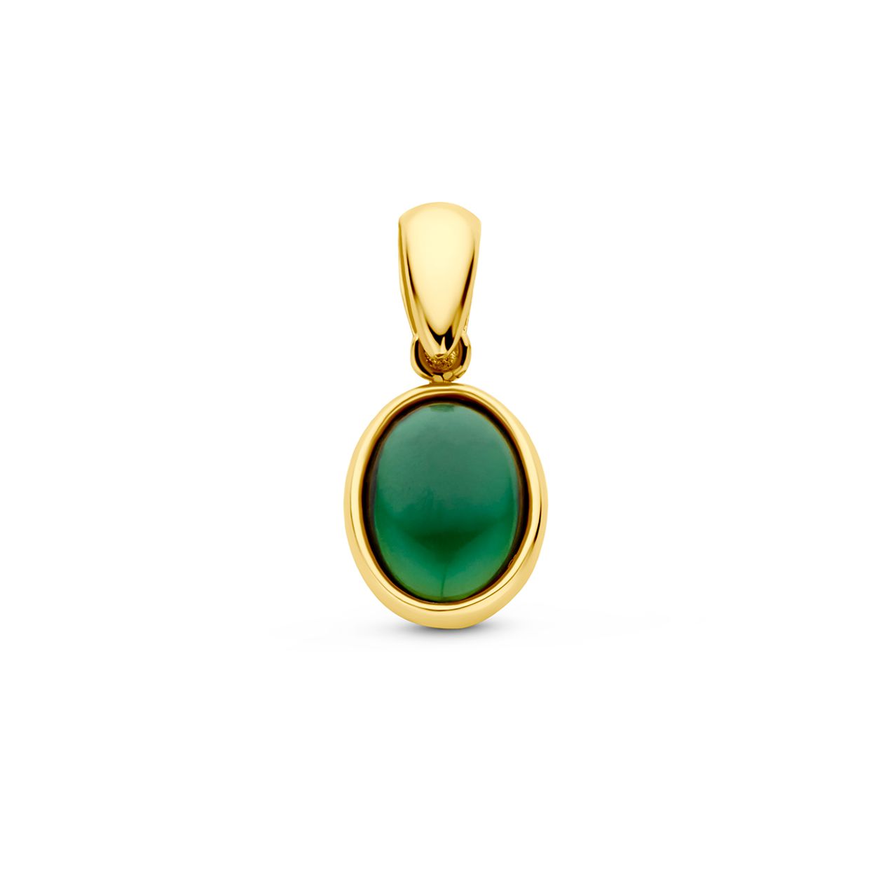14k Geelgouden hanger uitgevoerd met groen toermalijn. De hanger heeft een totale hoogte van 16mm.