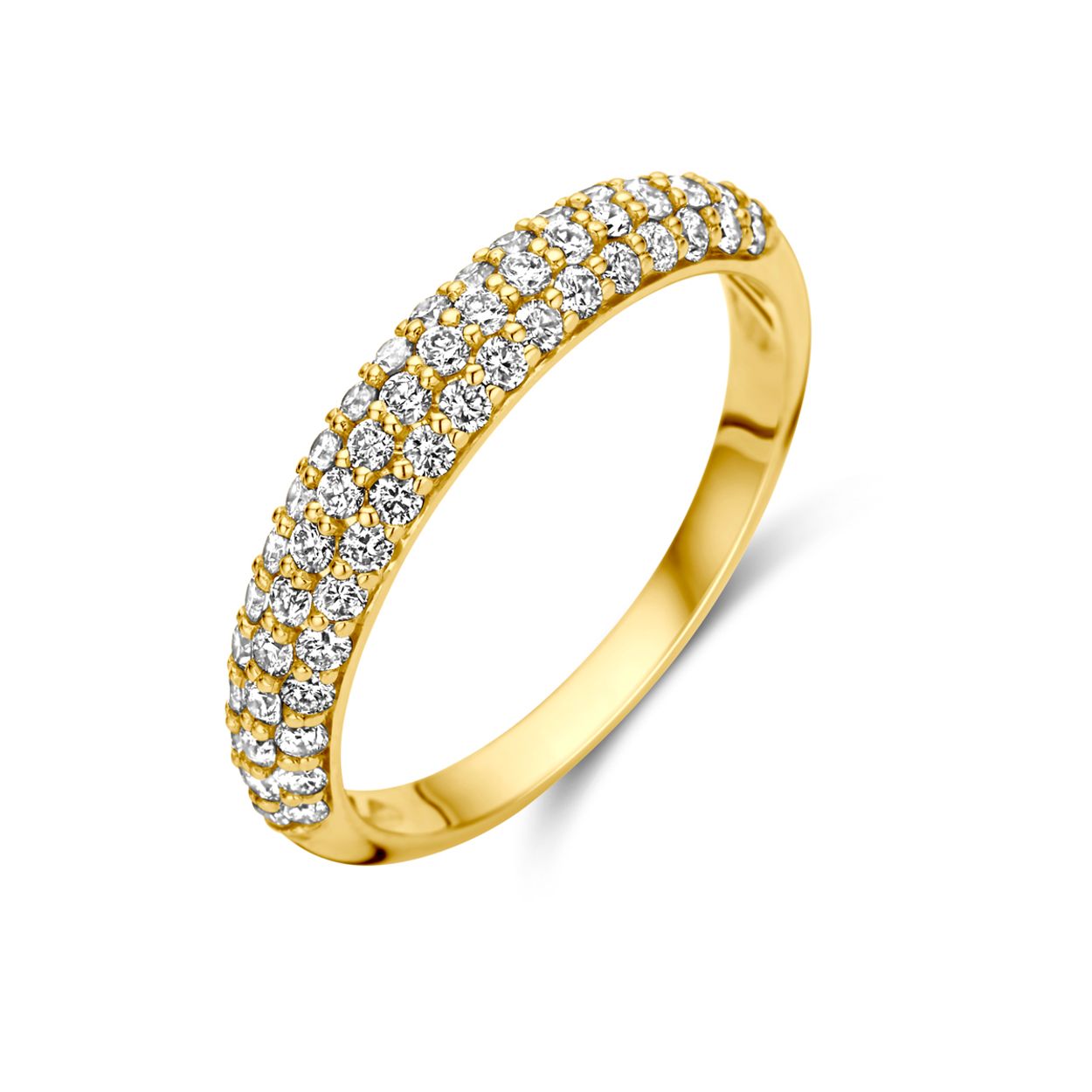14k Geelgouden ring uitgevoerd met schitterende diamanten. De ring heeft een breedte van 3.5mm.