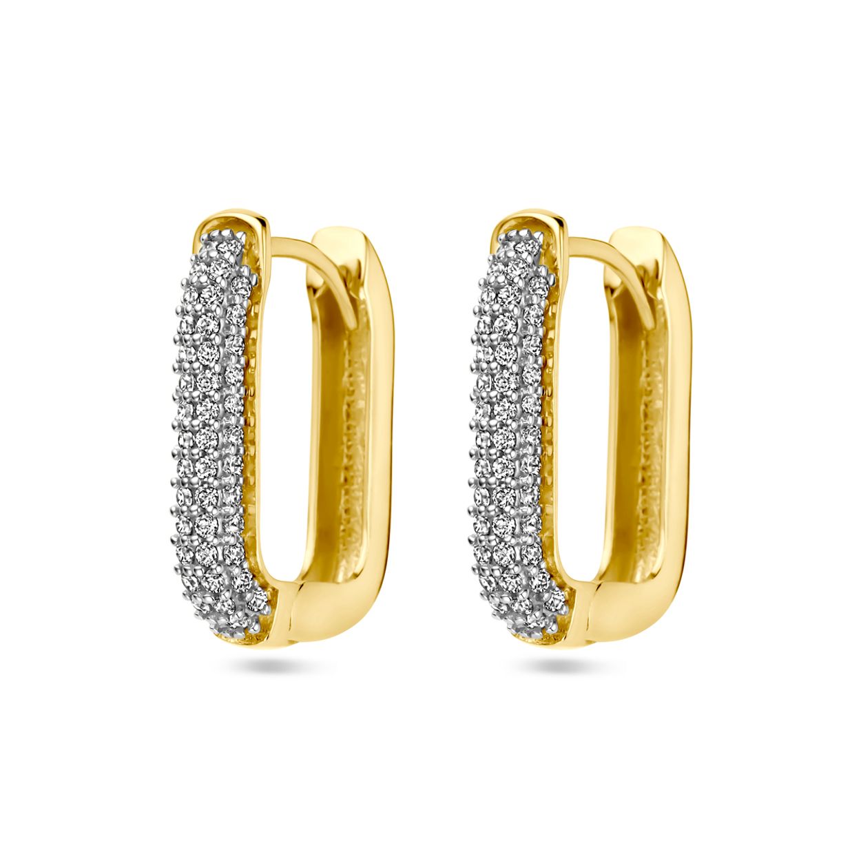 14k Geelgouden klapoorringen uitgevoerd met zirkonia. De klapoorringen hebben een afmeting van 19x4mm.
