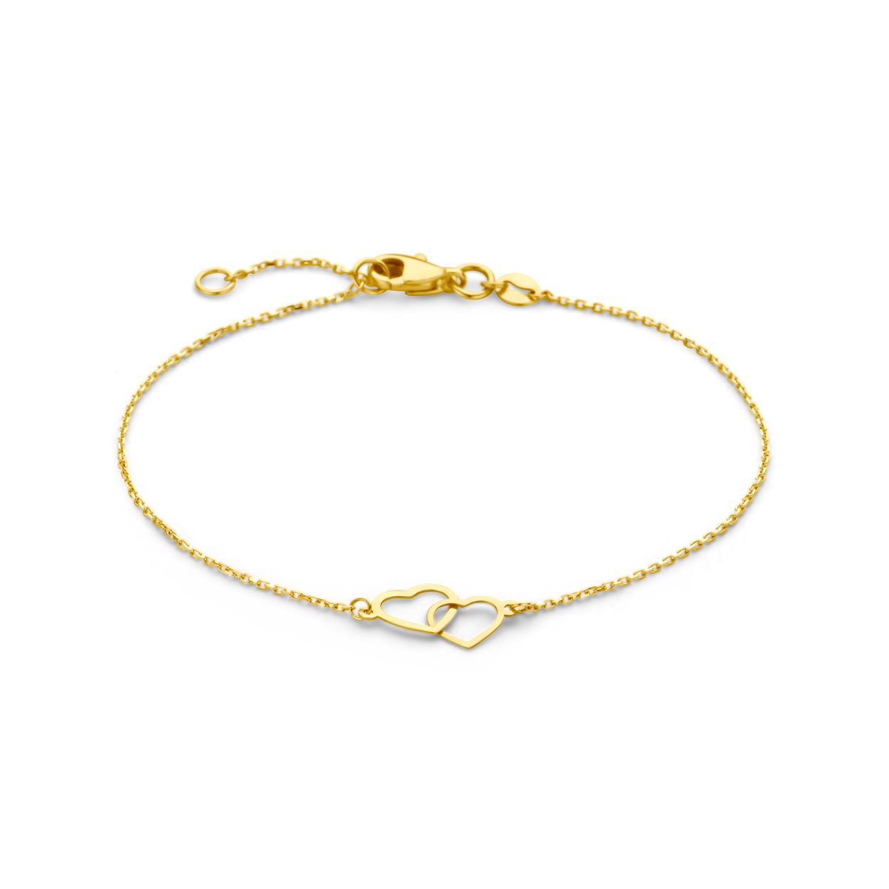 14k Geelgouden armband uitgevoerd met hartjes en een karabijn sluiting. De armband heeft een draaglengte van 19cm en een schakelbreedte van 0.8mm.