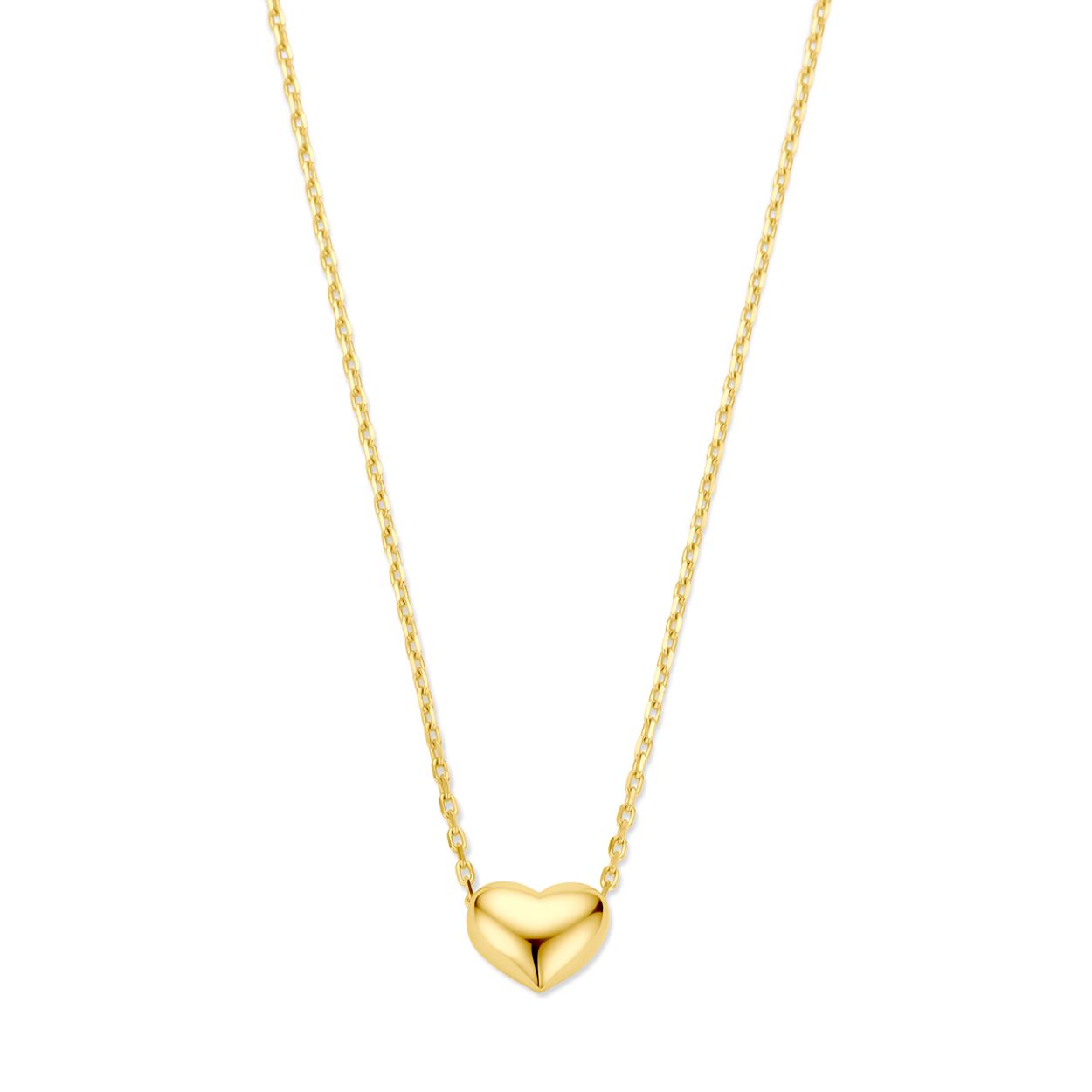 14k Geelgouden collier uitgevoerd met een hart en een karabijn sluiting. Het collier heeft een schakelbreedte van 1mm en een draaglengtes van 41, 43 en 45cm.
