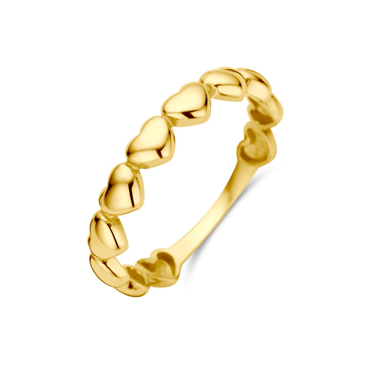 14k Geelgouden ring uitgevoerd met hartjes. De ring heeft een breedte van 3.5mm.