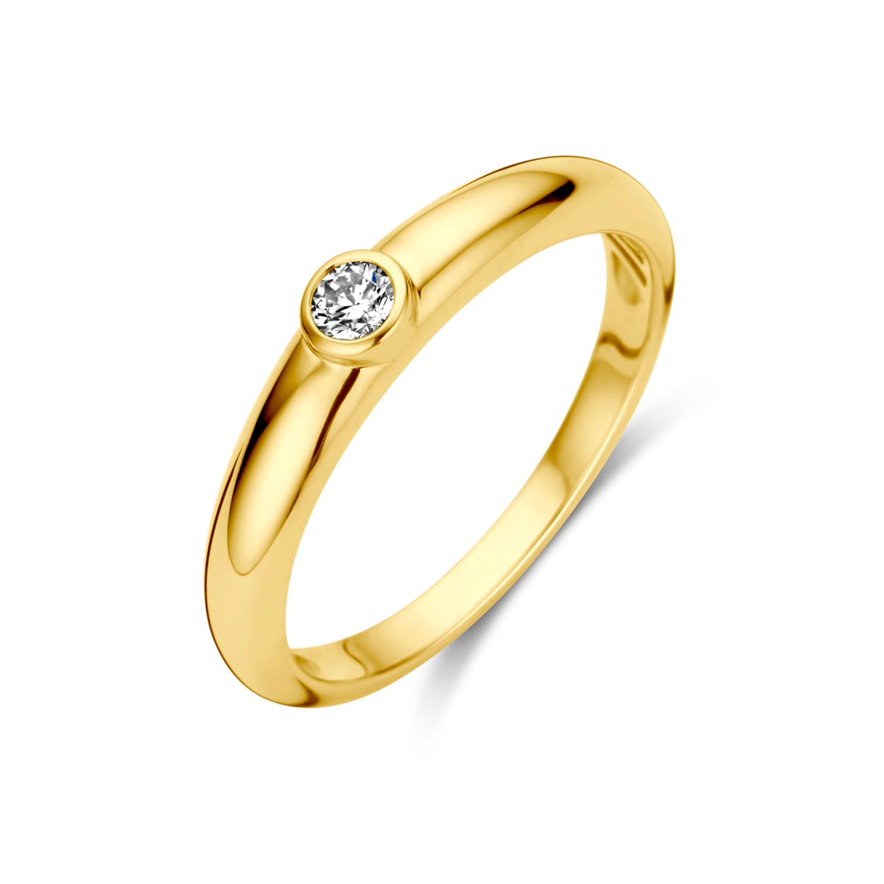 14k Geelgouden ring uitgevoerd met schitterende diamant. De ring heeft een breedte van 4mm.