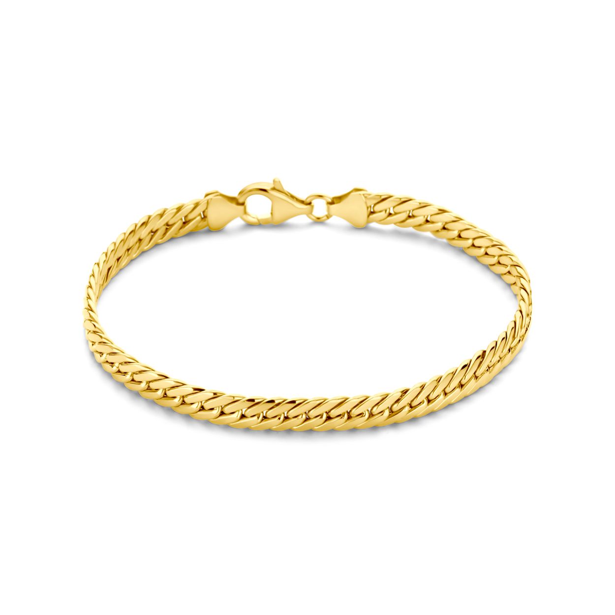 14k Geelgouden armband met een gourmette schakel van 5.5mm. De armband heeft een draaglengte van 19cm en is uitgevoerd met karabijnsluiting.