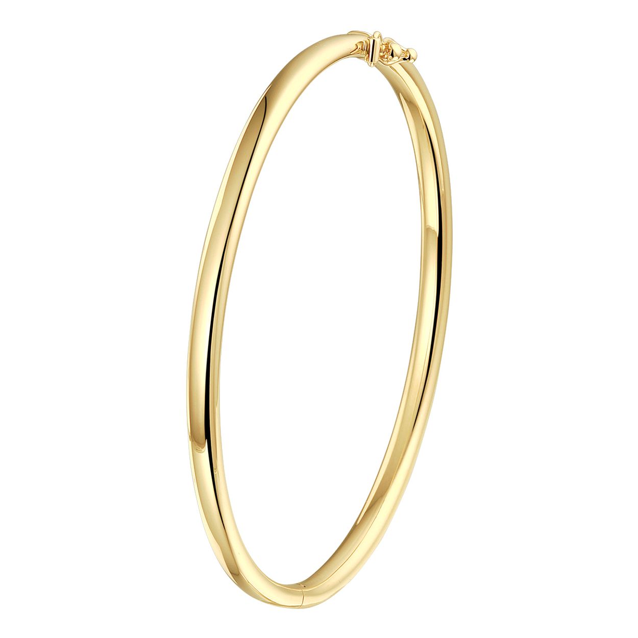 14k Geelgouden bangle uitgevoerd met scharnier. De bangle heeft een breedte van 4mm.