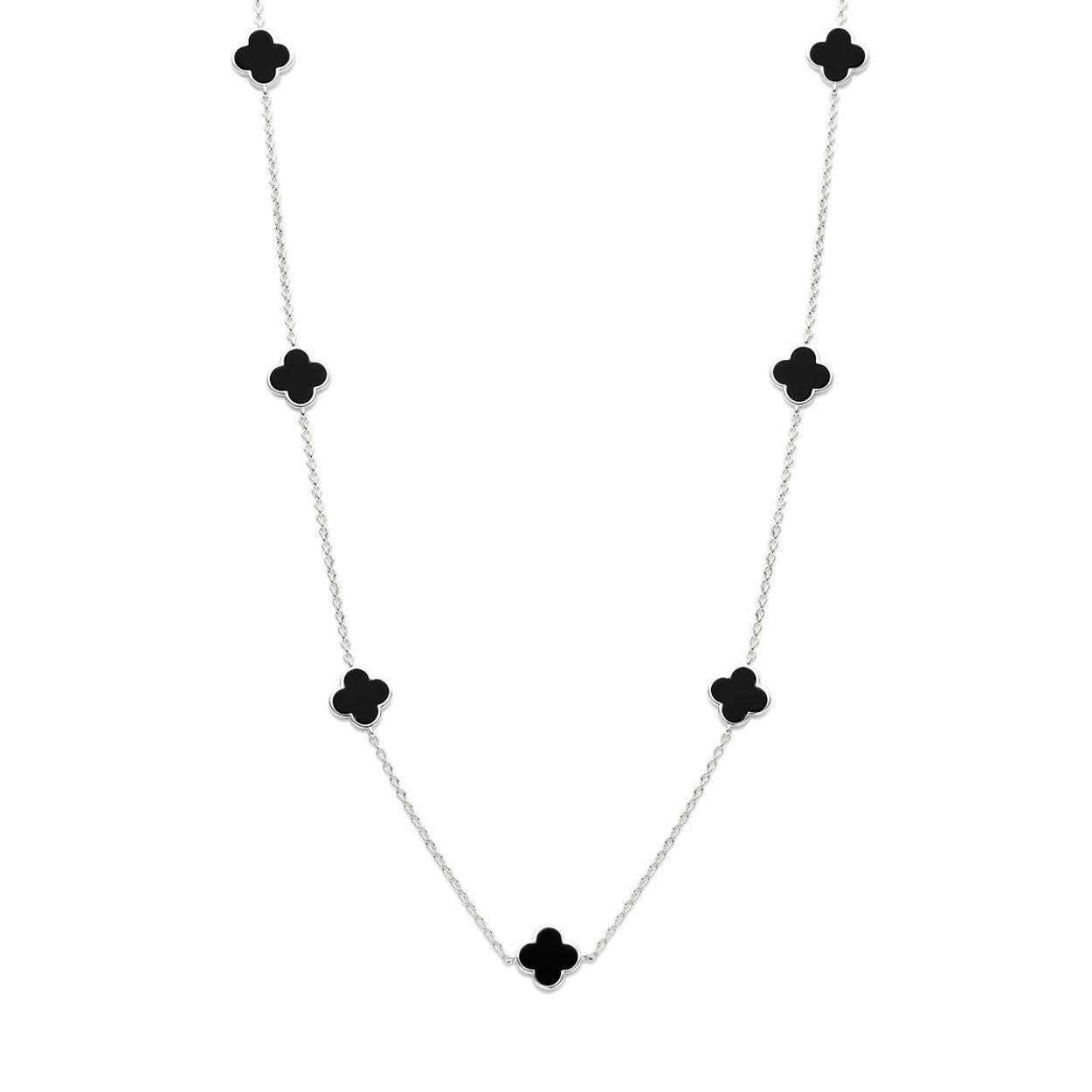 Gerodineerd 925 zilveren collier uitgevoerd met klavervier s met onyx. Het collier heeft een draaglengte van 43cm met 3cm extensie en schakelbreedte van 1.5mm. 