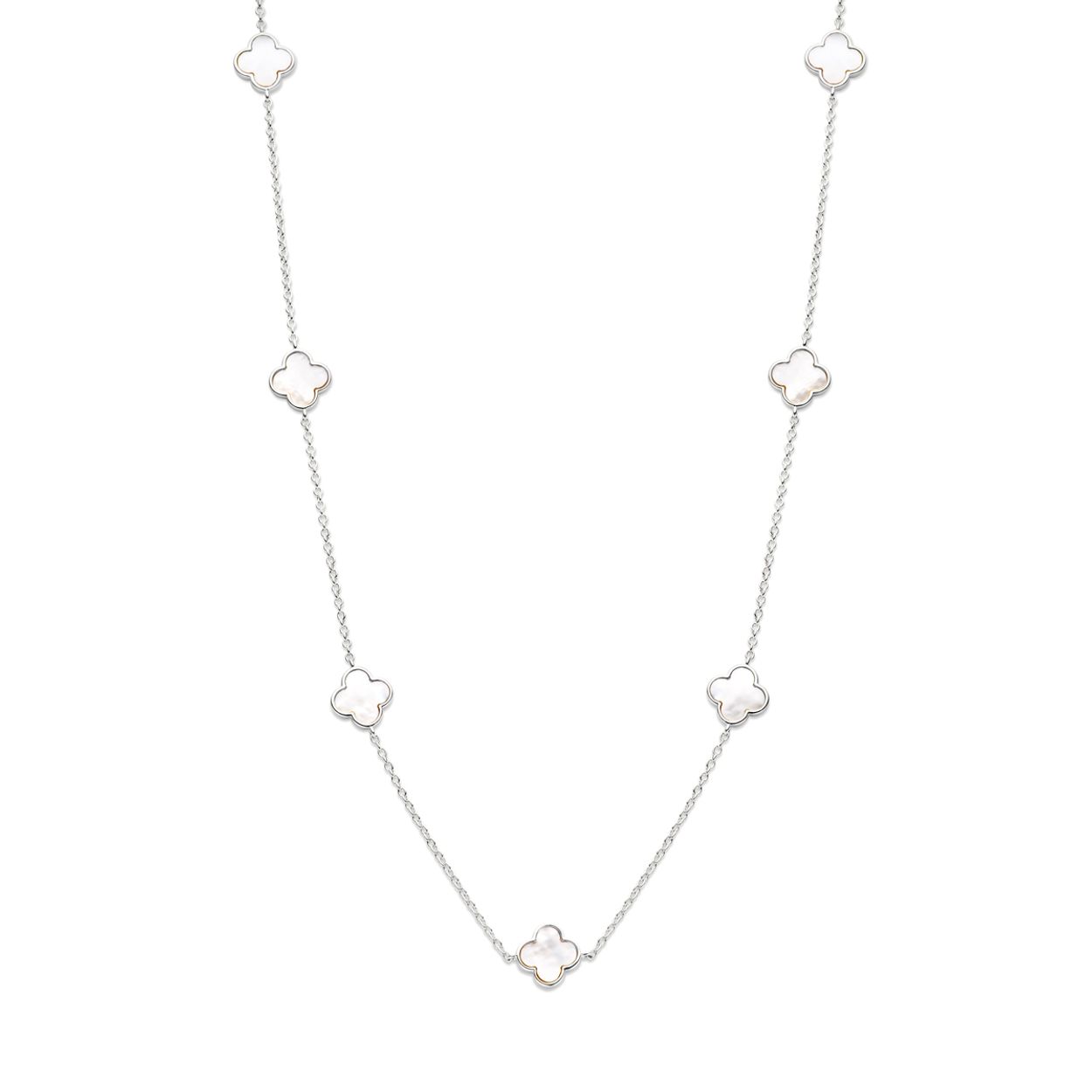 Gerhodineerd 925 zilveren collier uitgevoerd met bloemen en parelmoer. Het collier heeft een draaglengte van 43cm met 3cm extensie en een schakelbreedte van 1.5mm. Uitgevoerd met karabijnsluiting.