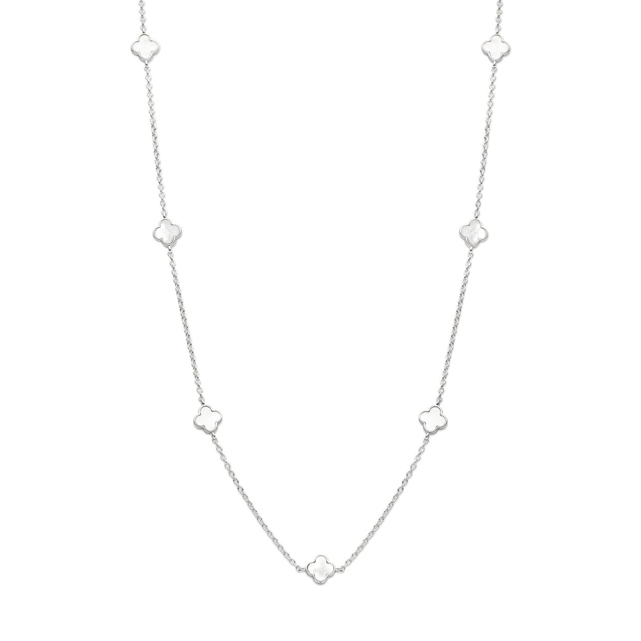 Gerhodineerd 925 zilveren collier uitgevoerd met bloemen en parelmoer. Het collier heeft een draaglengte van 43cm met 3cm extensie en een schakelbreedte van 1.5mm. Uitgevoerd met karabijnsluiting.