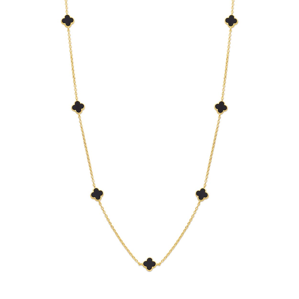 Geelgoud op 925 zilveren collier uitgevoerd met bloemen en onyx. Het collier heeft een draaglengte van 43cm met 3cm extensie en een schakelbreedte van 1.5mm. Uitgevoerd met karabijnsluiting. Geen garantie op de plating.
