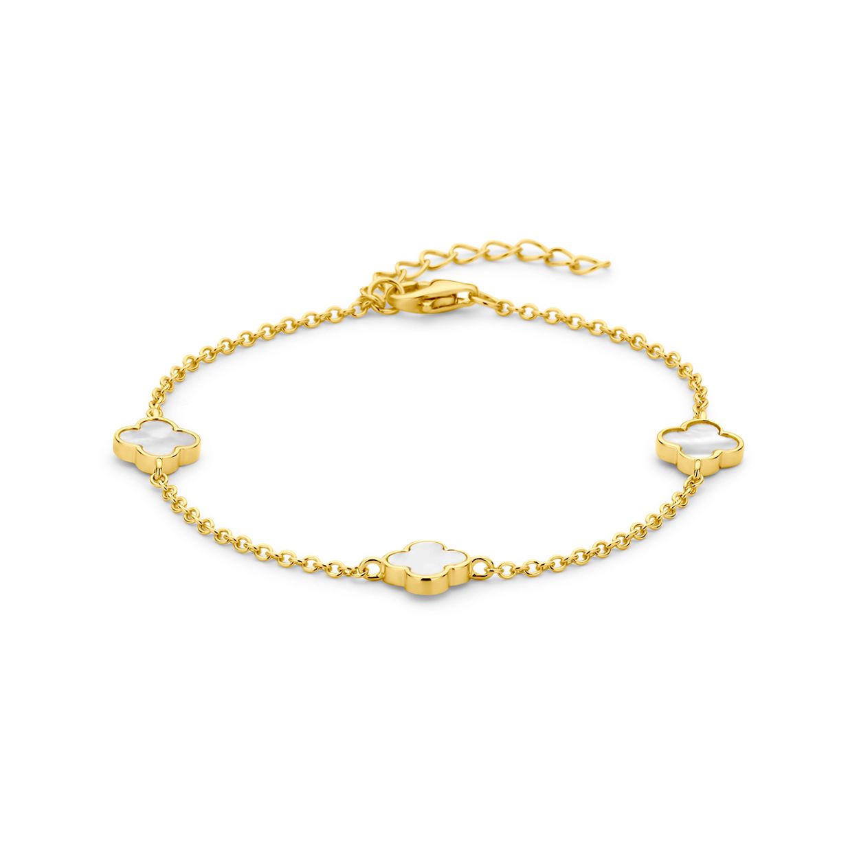 Geelgoud op 925 zilveren armband uitgevoerd met bloemen en parelmoer. De armband heeft een draaglengte van 16cm met 3cm extensie en een schakelbreedte van 1.5mm. Uitgevoerd met karabijnsluiting. Geen garantie op de plating.