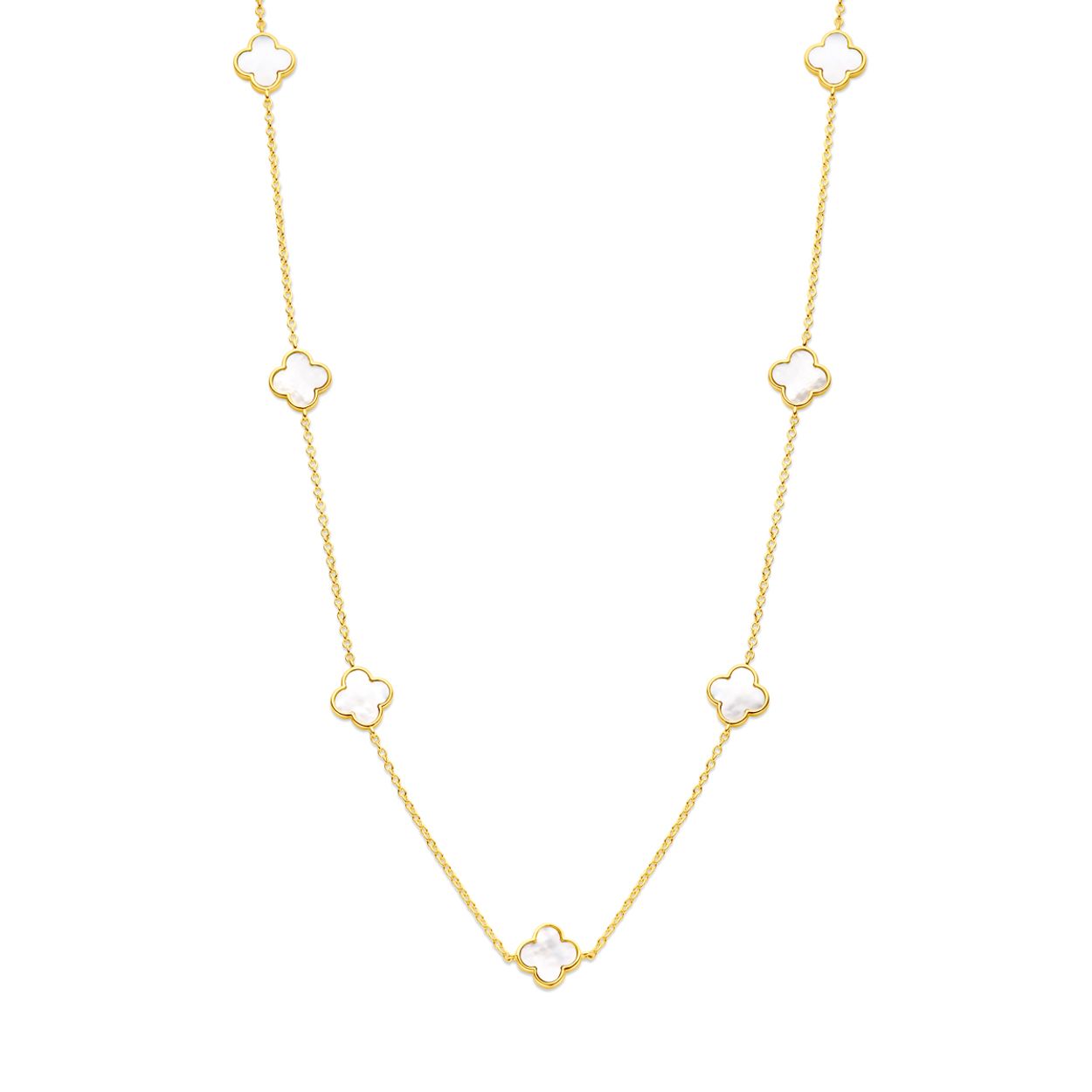 Geelgoud op 925 zilveren collier uitgevoerd met bloemen en parelmoer. Het collier heeft een draaglengte van 43cm met 3cm extensie en een schakelbreedte van 1.5mm. Uitgevoerd met karabijnsluiting. Geen garantie op de plating.