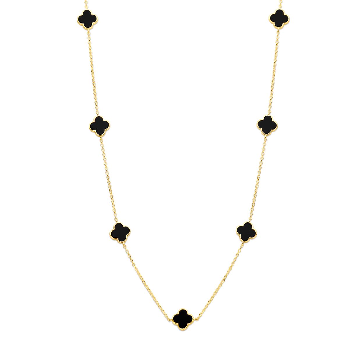 Geelgoud op 925 zilveren collier uitgevoerd met bloemen en onyx. Het collier heeft een draaglengte van 43cm met 3cm extensie en een schakelbreedte van 1.5mm. Uitgevoerd met karabijnsluiting. Geen garantie op de plating.