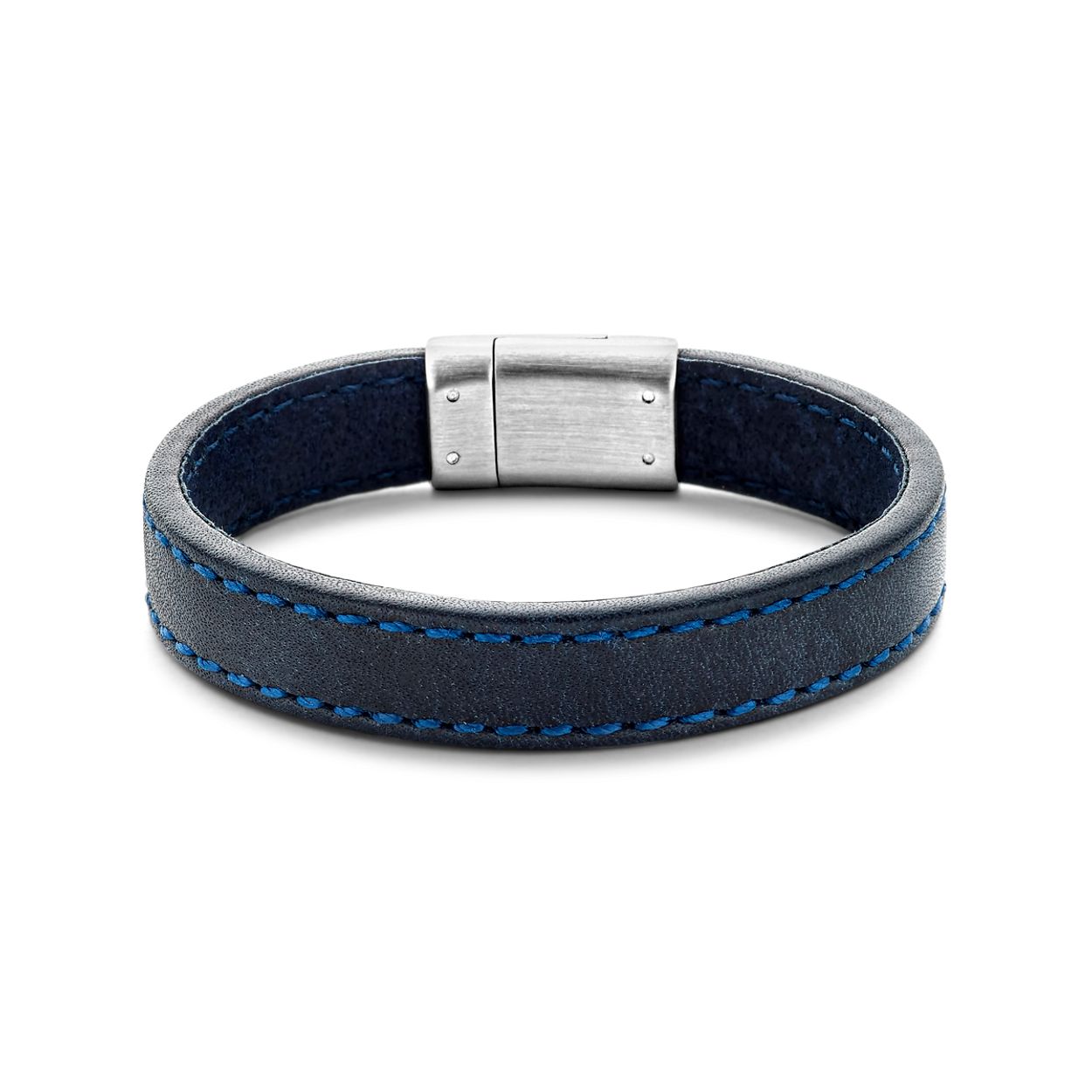 Donkerblauw leren armband uitgevoerd met een stalen magneetsluiting. De armband heeft een breedte van 12.5mm.