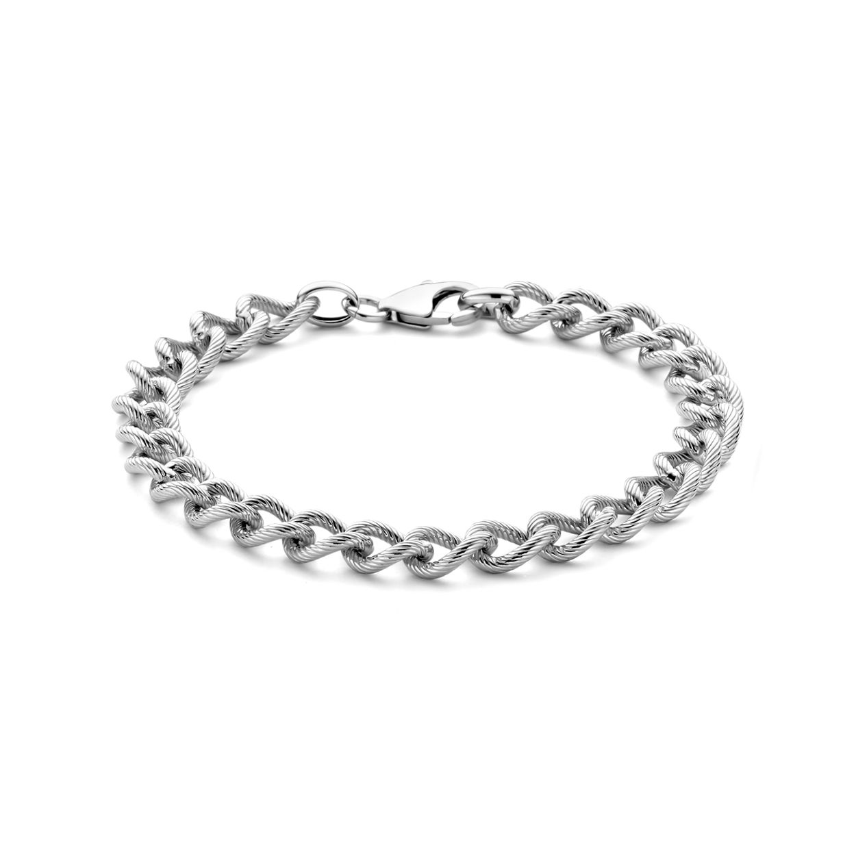 Gerhodineerd 925 zilveren armband met een schakelbreedte van 7.5mm. De armband heeft een draaglengte van 18.5cm en is uitgevoerd met karabijn sluiting.
