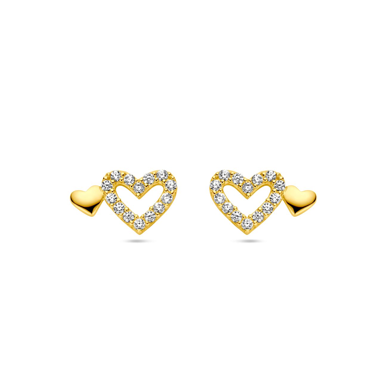 14k Geelgouden oorknoppen uitgevoerd met twee hartjes en zirkonia. De oorknoppen hebben een afmeting van 5x8.5mm.