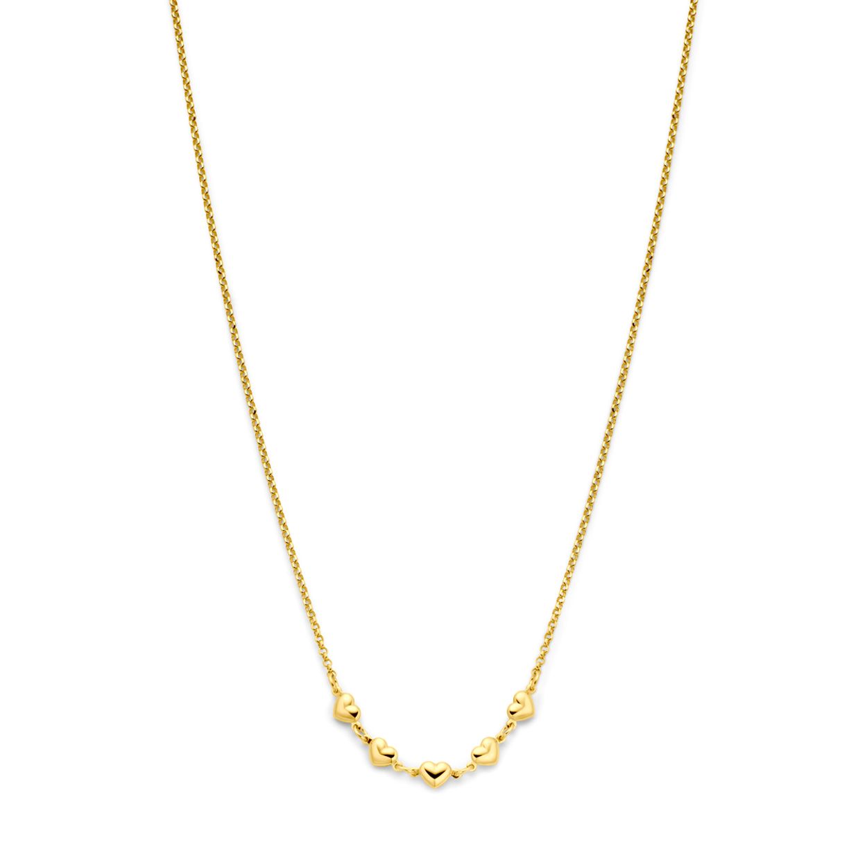 Geelgoud op 925 zilveren collier uitgevoerd met hartjes. Het collier heeft een schakelbreedte van 1.8mm en draaglengte van 41cm met 4cm extensie. Uitgevoerd met karabijnsluiting.