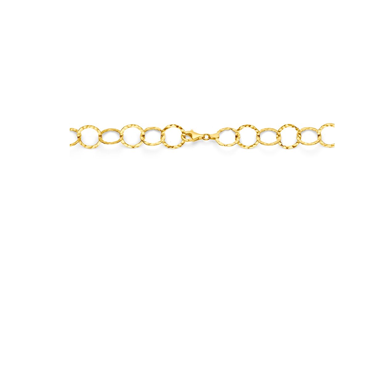 Geelgoud op 925 zilveren armband uitgevoerd met cirkels. De armband heeft een draaglengte van 21 en is uitgevoerd met karabijnsluiting. De schakelbreedte is 14mm. Geen garantie op de plating.