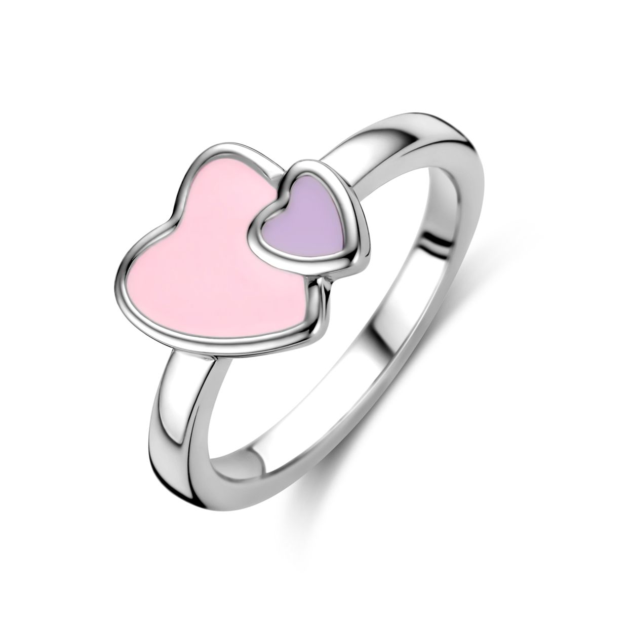 Gerhodineerd 925 zilveren ring uitgevoerd met twee hartjes en roze en paars emaille. De ring heeft een afmeting van 7.5x9mm.