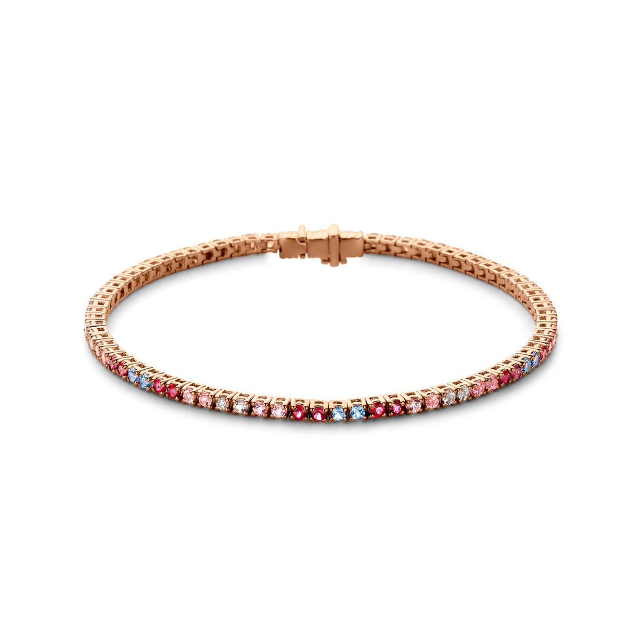 14k Roségoud armband uitgevoerd met diverse kleuren topaas. De armband heeft een schakelbreedte van 2.3mm en een draaglengte van 18cm.