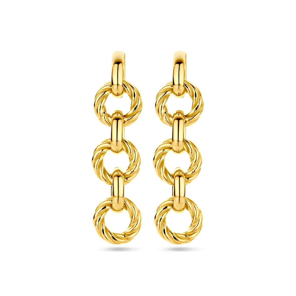 Geelgoud op 925 zilveren oorhangers uitgevoerd met gedraaid cirkels. De oorhangers hebben een totale hoogte van 45mm. Geen garantie op de plating.