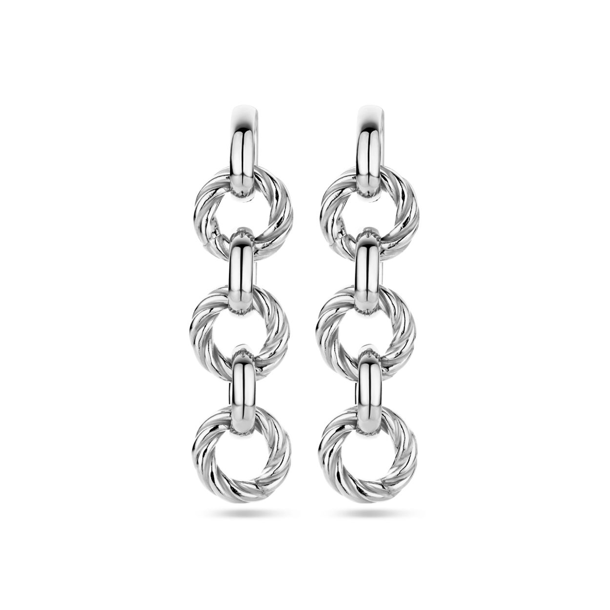 Gerhodineerd 925 zilveren oorhangers uitgevoerd met gedraaid cirkels. De oorhangers hebben een totale hoogte van 45mm.