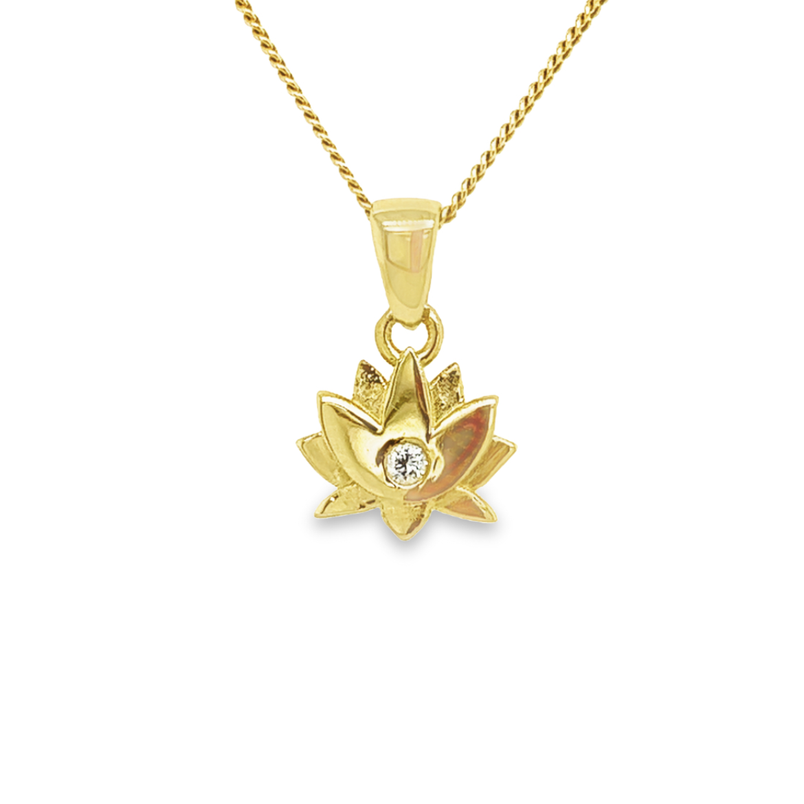 14k geelgouden hanger in vorm van een lotus. In het midden is een diamant gezet van 0.02c.

*hanger wordt exclusief collier geleverd