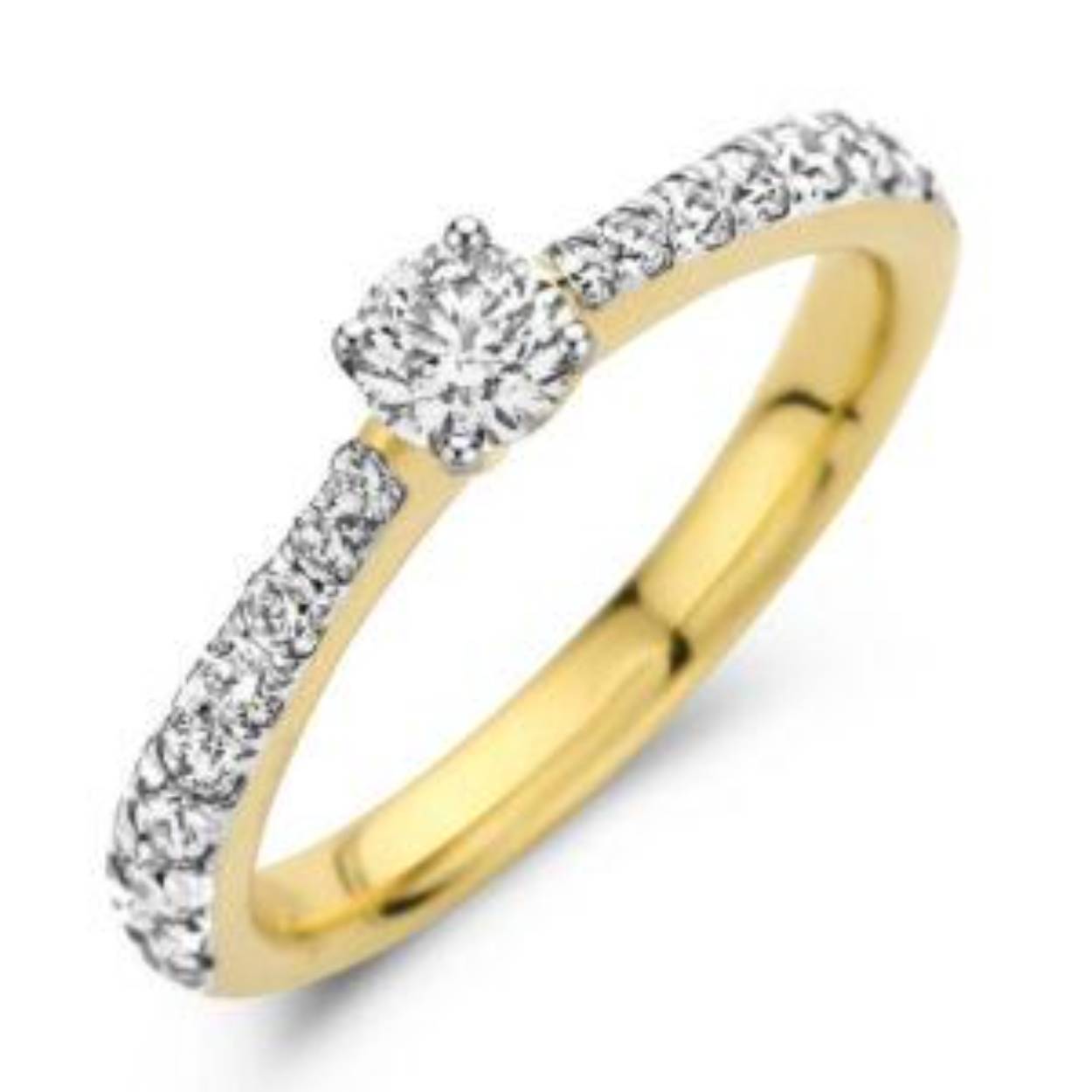18 karaat gouden Eindejaar ring 2023 Solitair. Met 17 diamanten van totaal 0.72 crt Kwaliteit: H SI