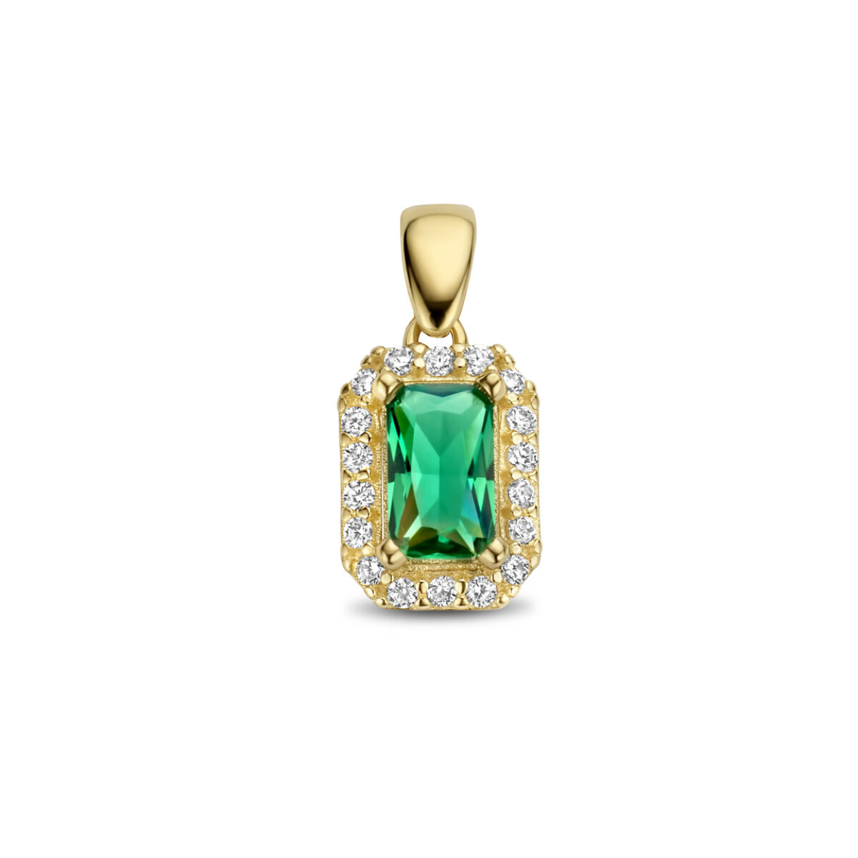 14k Geelgouden hanger uitgevoerd met schitterende groene zirkonia. De hanger heeft een totale hoogte van 1.2cm.