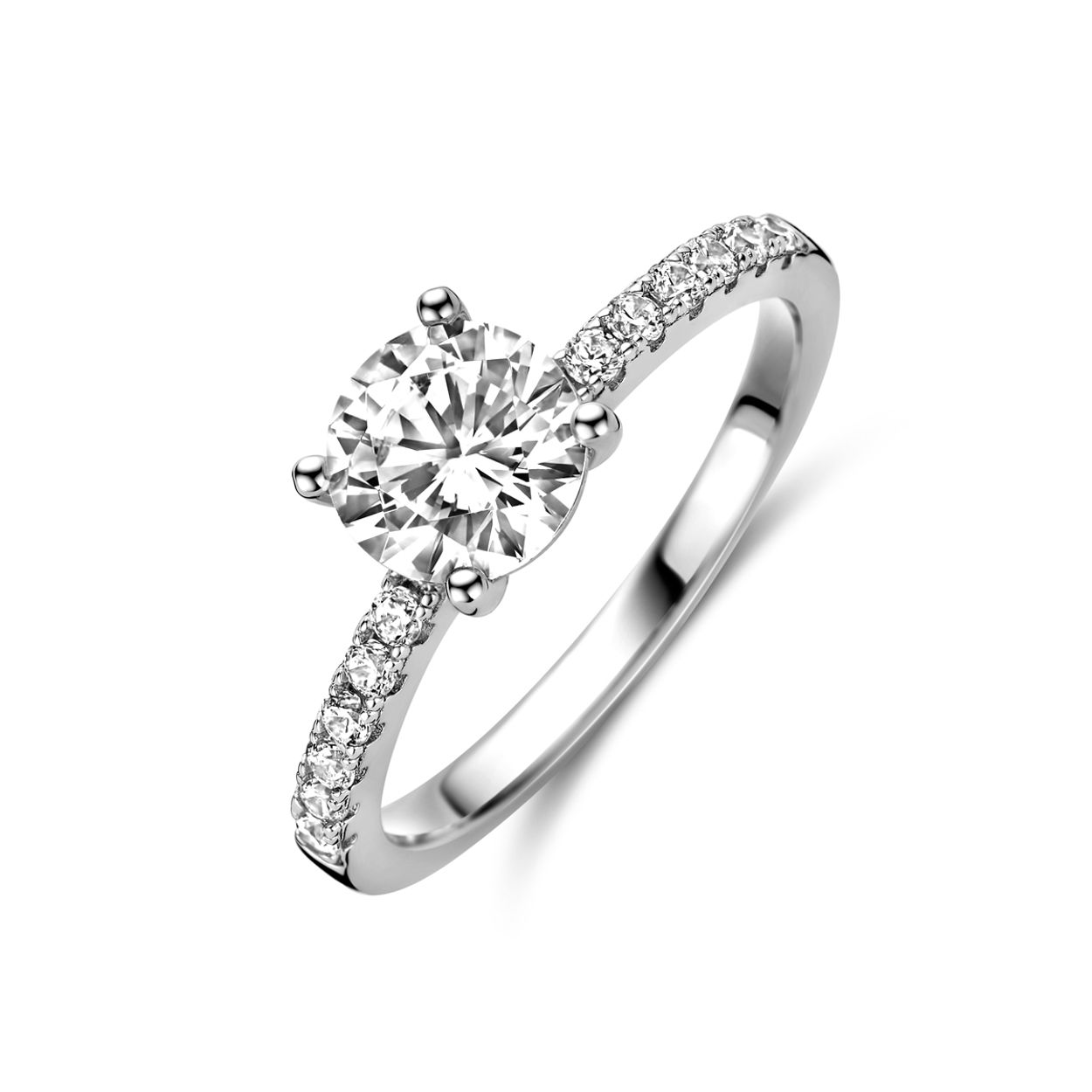 Gerhodineerd 925 zilveren ring uitgevoerd met zirkonia. De steen heeft een diameter van 6.5mm.