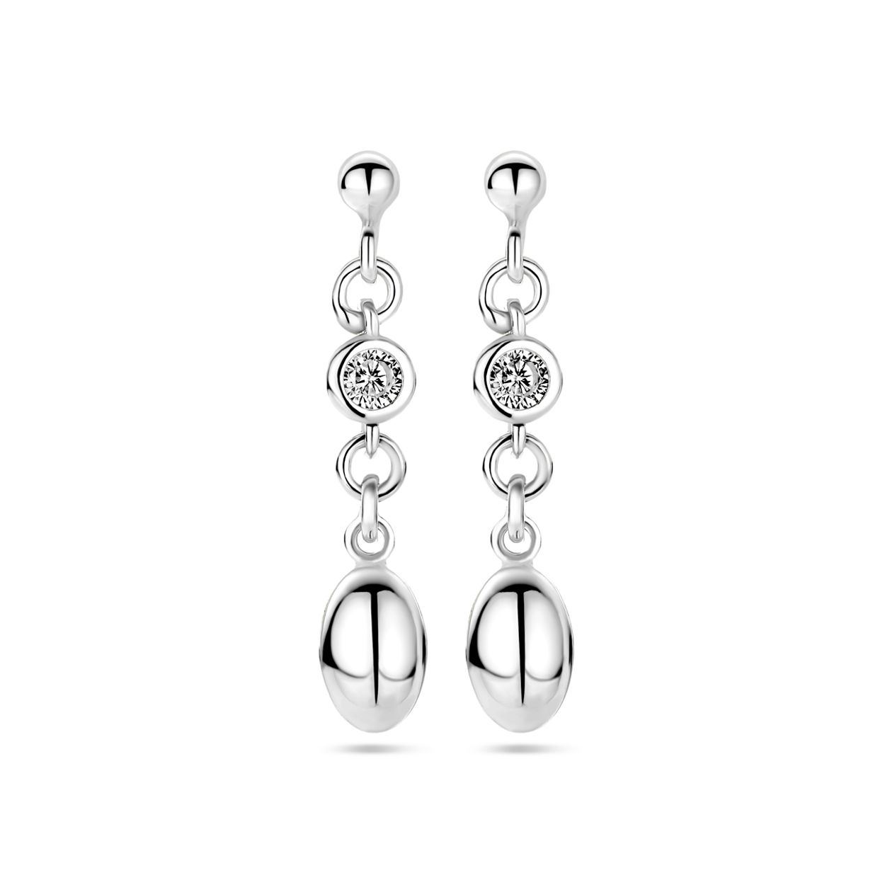 Gerhodineerd 925 zilveren oorhangers uitgevoerd met zirkonia. De oorhangers hebben een totale hoogte van 28mm.