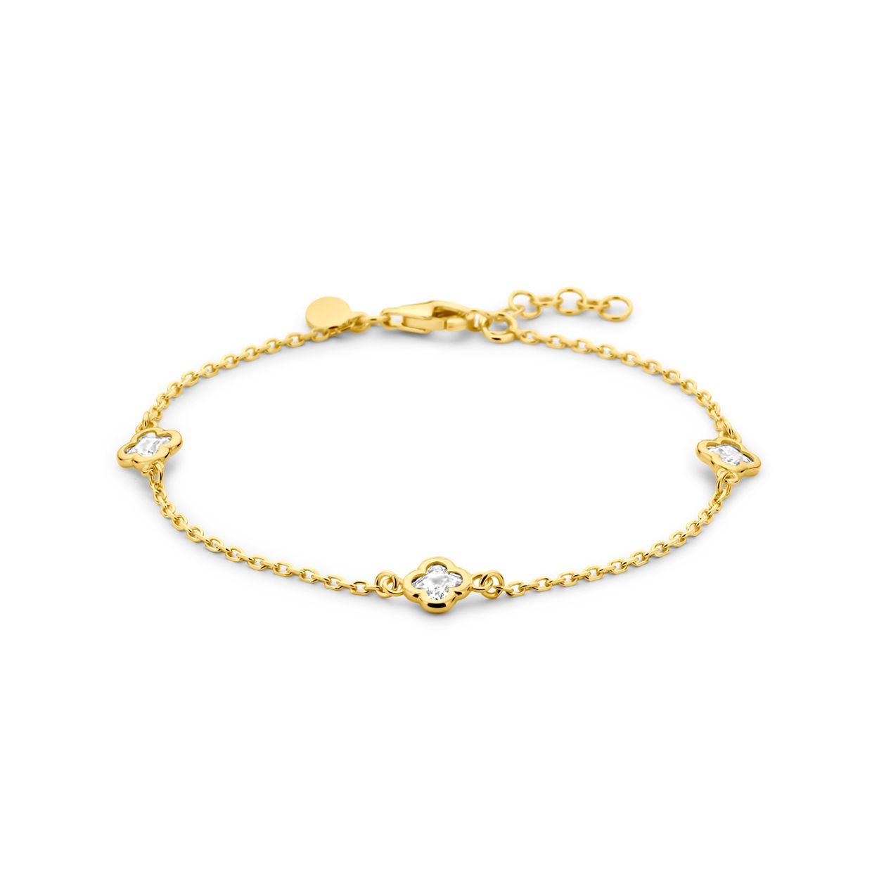 Geelgoud op 925 zilveren armband uitgevoerd met bloemen en zirkonia. De armband heeft een draaglengte van 17cm met 2cm extensie. Uitgevoerd met karabijnsluiting. De schakelbreedte is 1.5mm. Geen garantie op de plating.