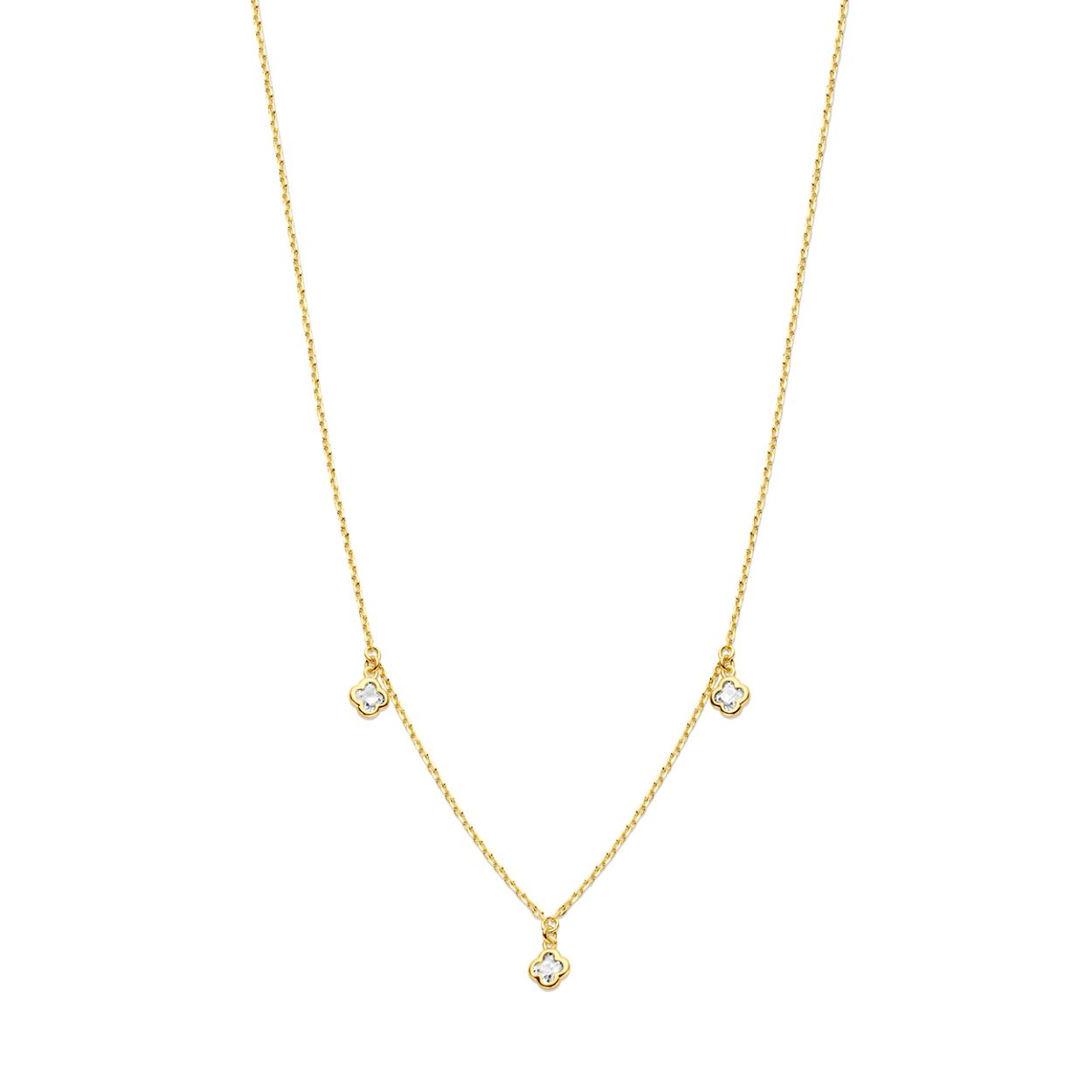 Geelgoud op 925 zilveren collier uitgevoerd met bloemen en zirkonia. Het collier heeft een draaglengte van 41cm met 4cm extensie. Uitgevoerd met karabijnsluiting. De schakelbreedte is 1.5mm. Geen garantie op de plating.