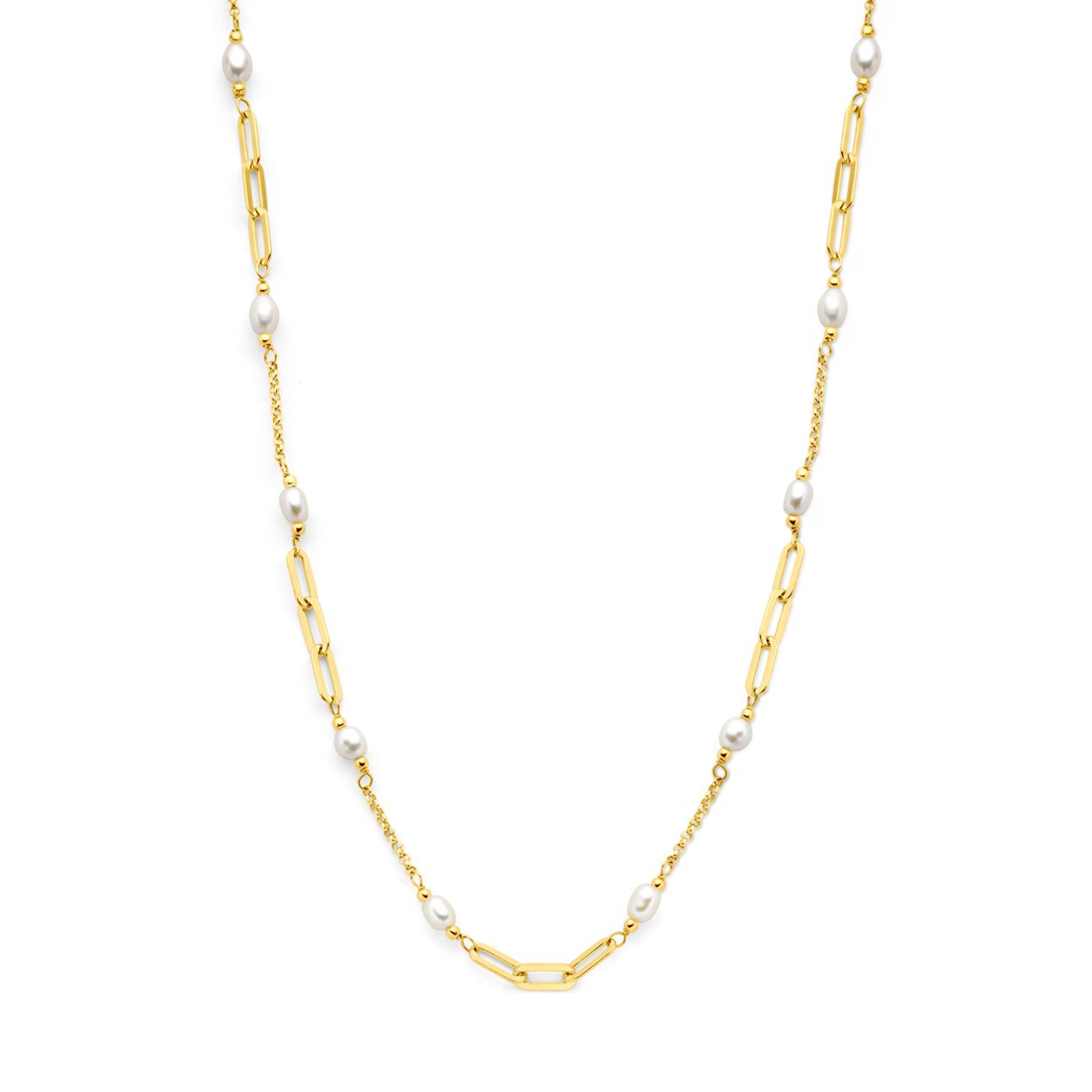 Geelgoud op 925 zilveren collier uitgevoerd met zoetwaterparels. Het collier heeft een draaglengte van 42cm met 3cm extensie en is uitgevoerd met karabijnsluiting. De schakelbreedte is 4mm. Geen garantie op de plating.