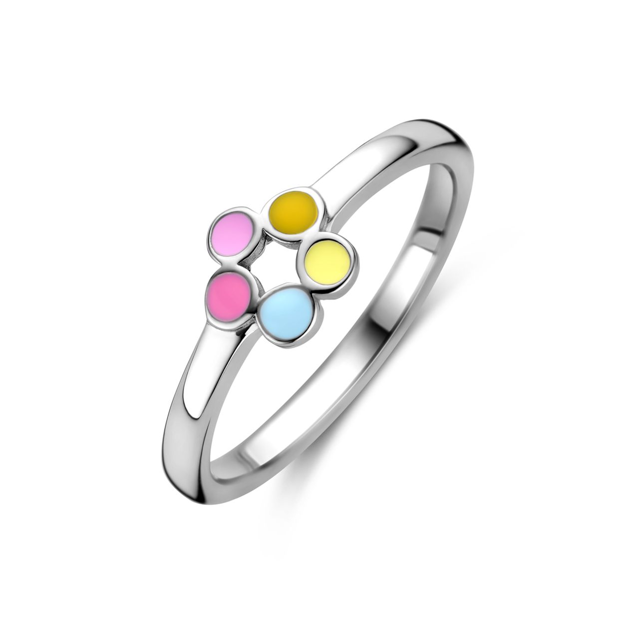 Gerhodineerd 925 zilveren ring uitgevoerd met bloem en emaille. De ring heeft een breedte van 6mm.