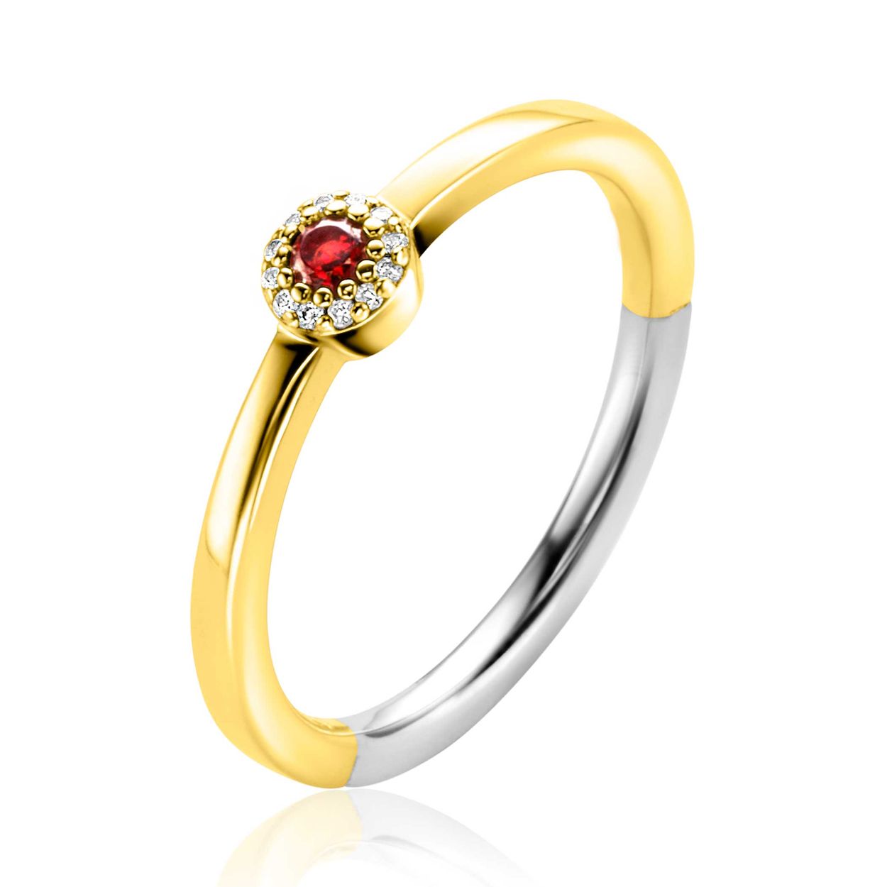 ZINZI Gold plated zilveren ring ronde zetting met rood granaat kleursteen en rondom witte zirconia's 4,5mm breed