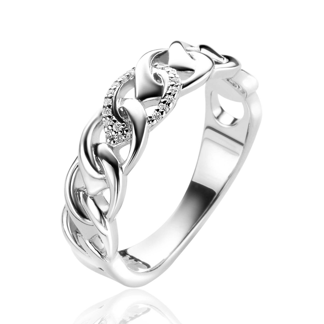 ZINZI zilveren elegante ring van 6mm breed, met open peervormige schakels om en om bezet met witte zirconia's. Exclusief ontworpen door mode-ontwerper Mart Visser. Deze zilveren ring draagt herkenbaar de signatuur van Mart Visser. Vervaardigd van eerste gehalte zilver (925) en met extra rodiumlaag voor een langdurige glans.