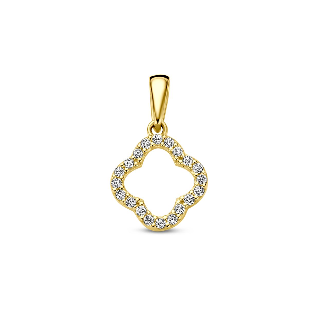 14k Geelgouden hanger in de vorm van een klavertje uitgevoerd met zirkonia.