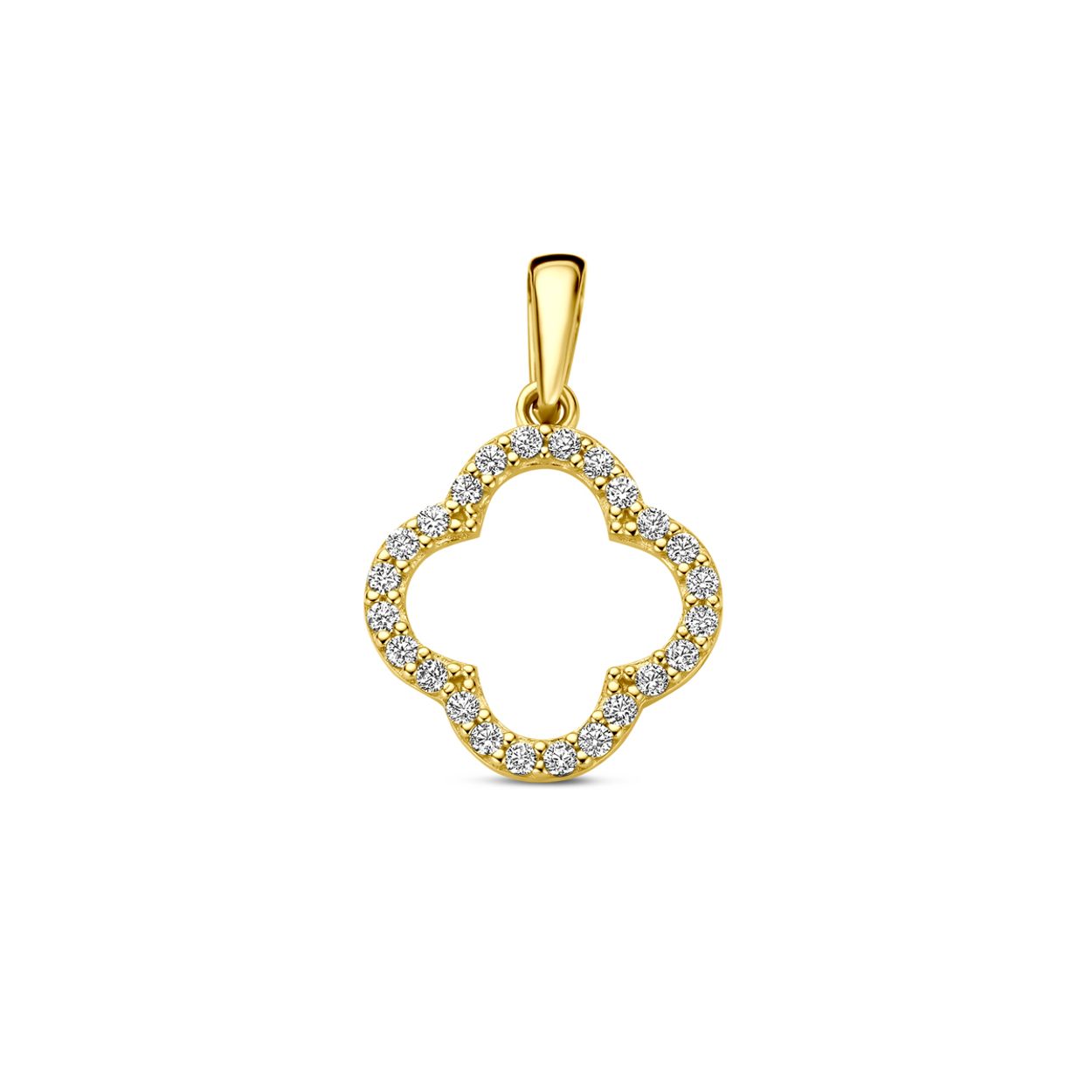 14k Geelgouden hanger in de vorm van een klavertje uitgevoerd met zirkonia.